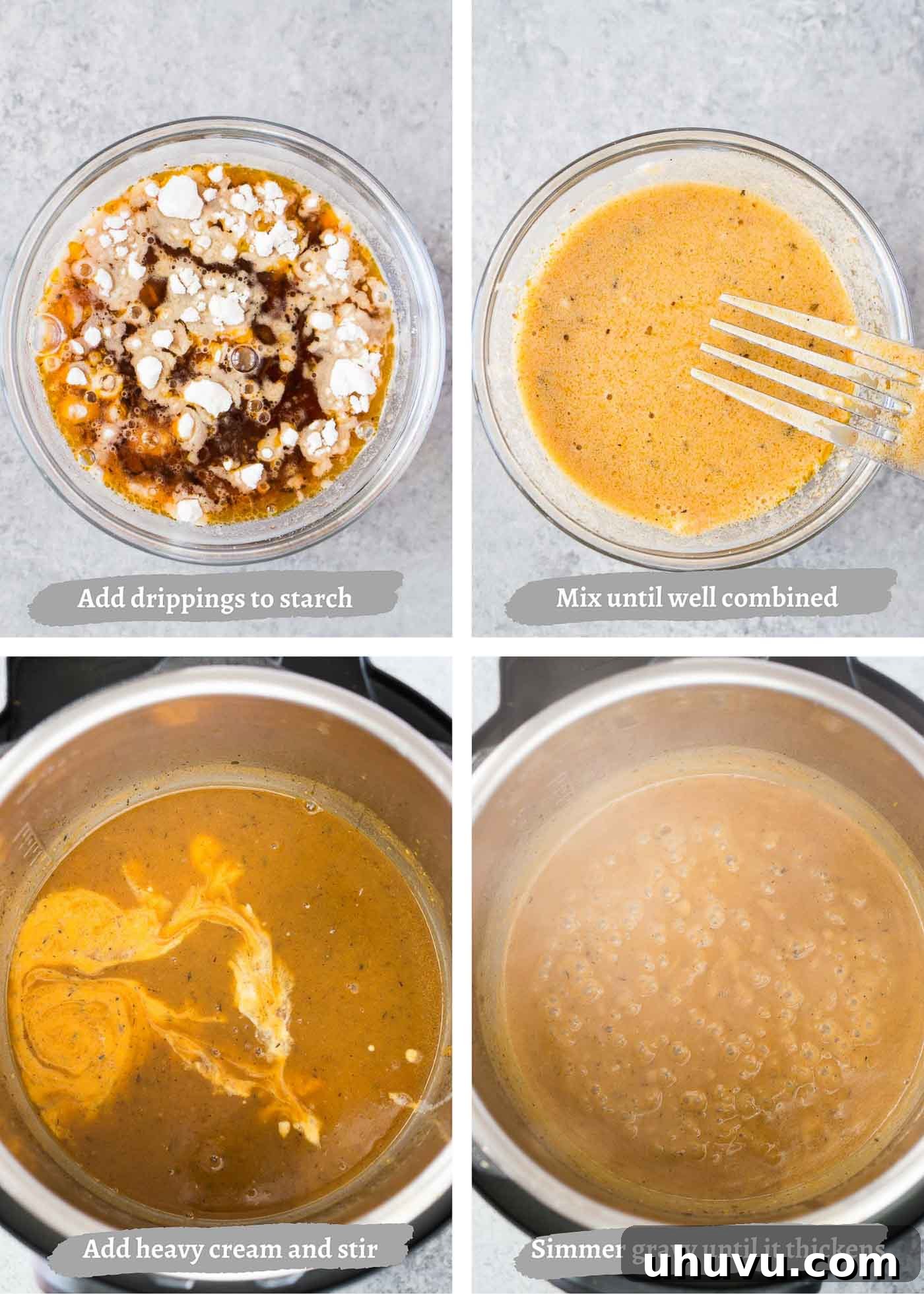 Perfect Homemade Gravy 3 process images of making turkey gravy in instant pot, showing slurry, broth, and finished gravy