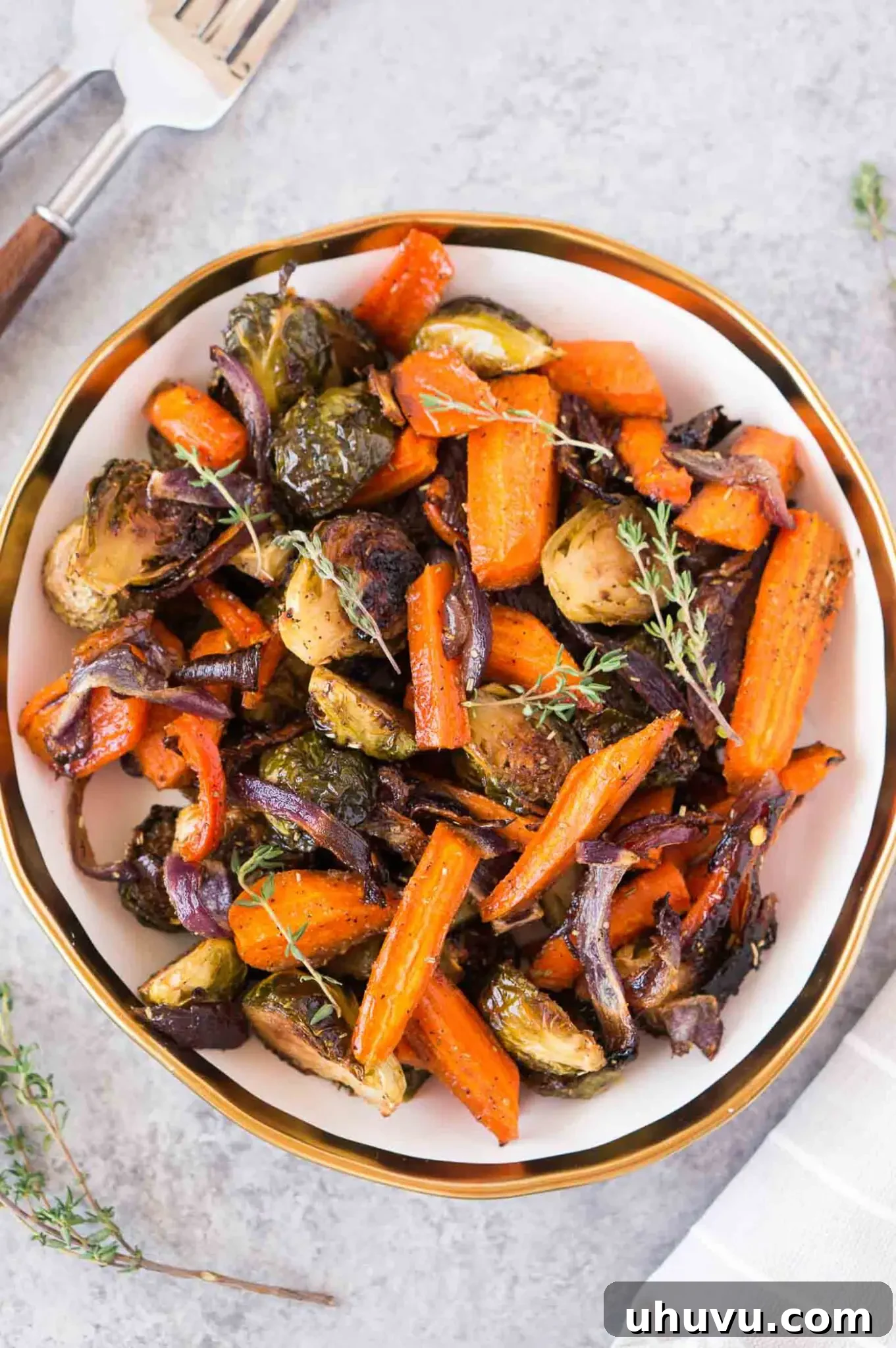 roasted Brussels spouts and carrots in a bowl