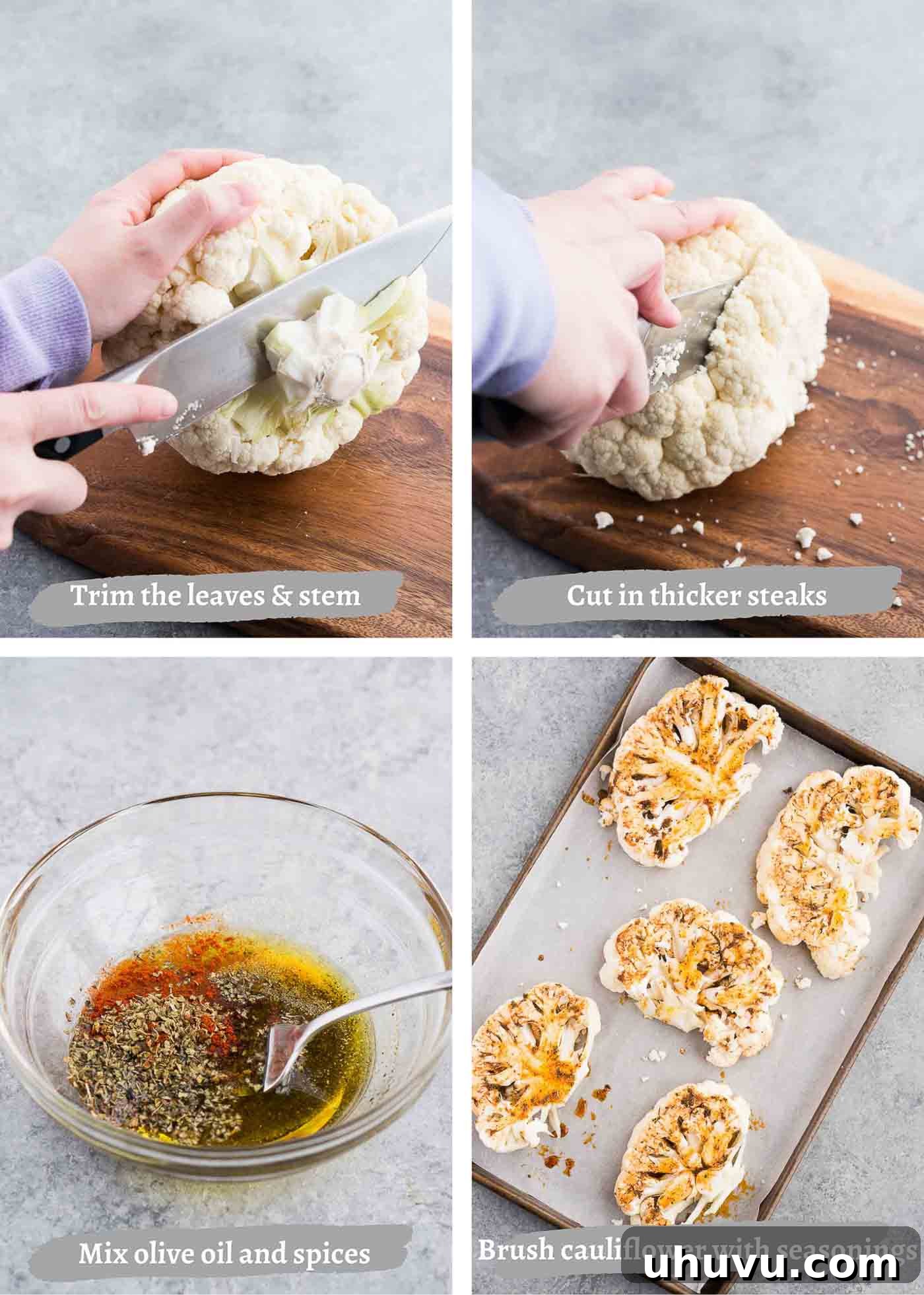Cauliflower's Prime Cut 5 process images of making cauliflower steaks