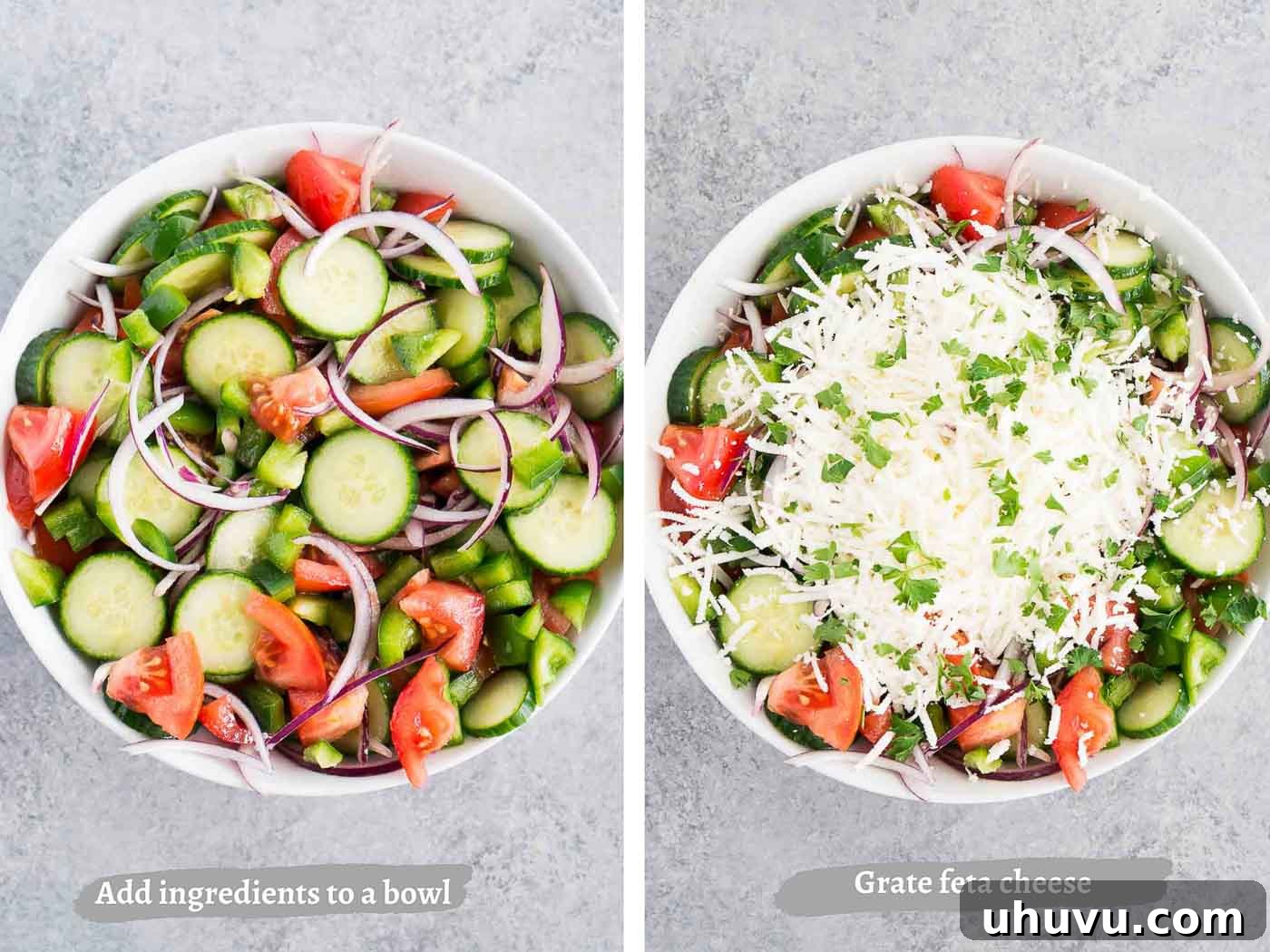 Authentic Bulgarian Shopska Salad 6 how to make shopska salad - process images of chopping and mixing vegetables