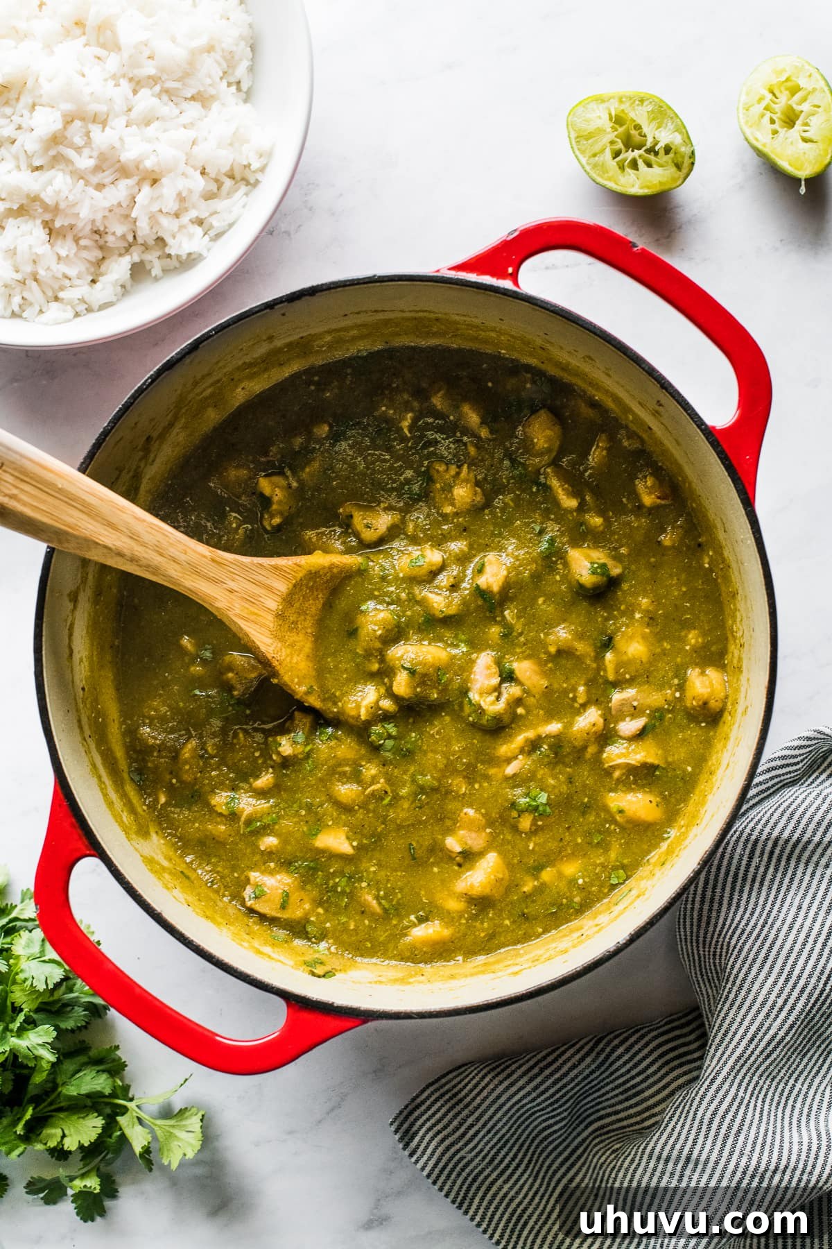 Emerald Chicken Verde 5 The finished Chicken Chile Verde, richly green and steaming, in a large pot, garnished with a sprinkle of fresh cilantro.