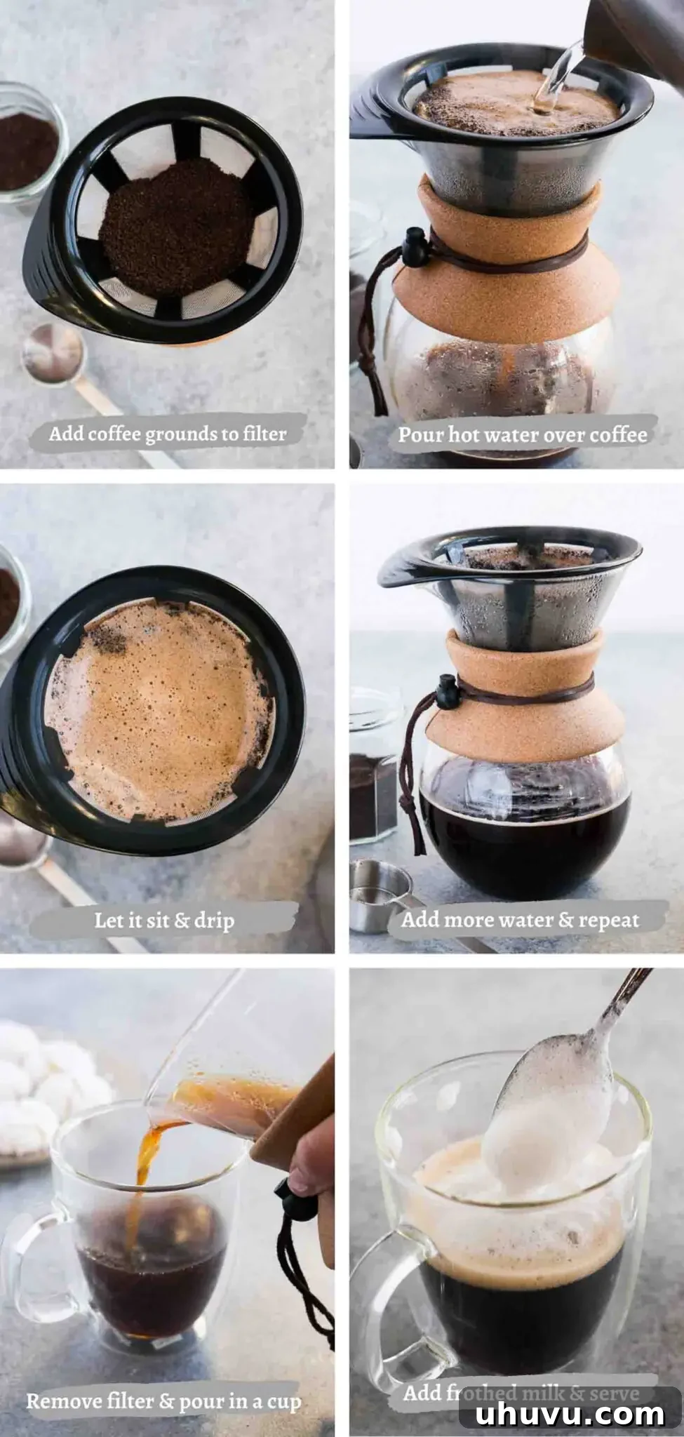 process images of making pour over coffee step by step, showing blooming and pouring