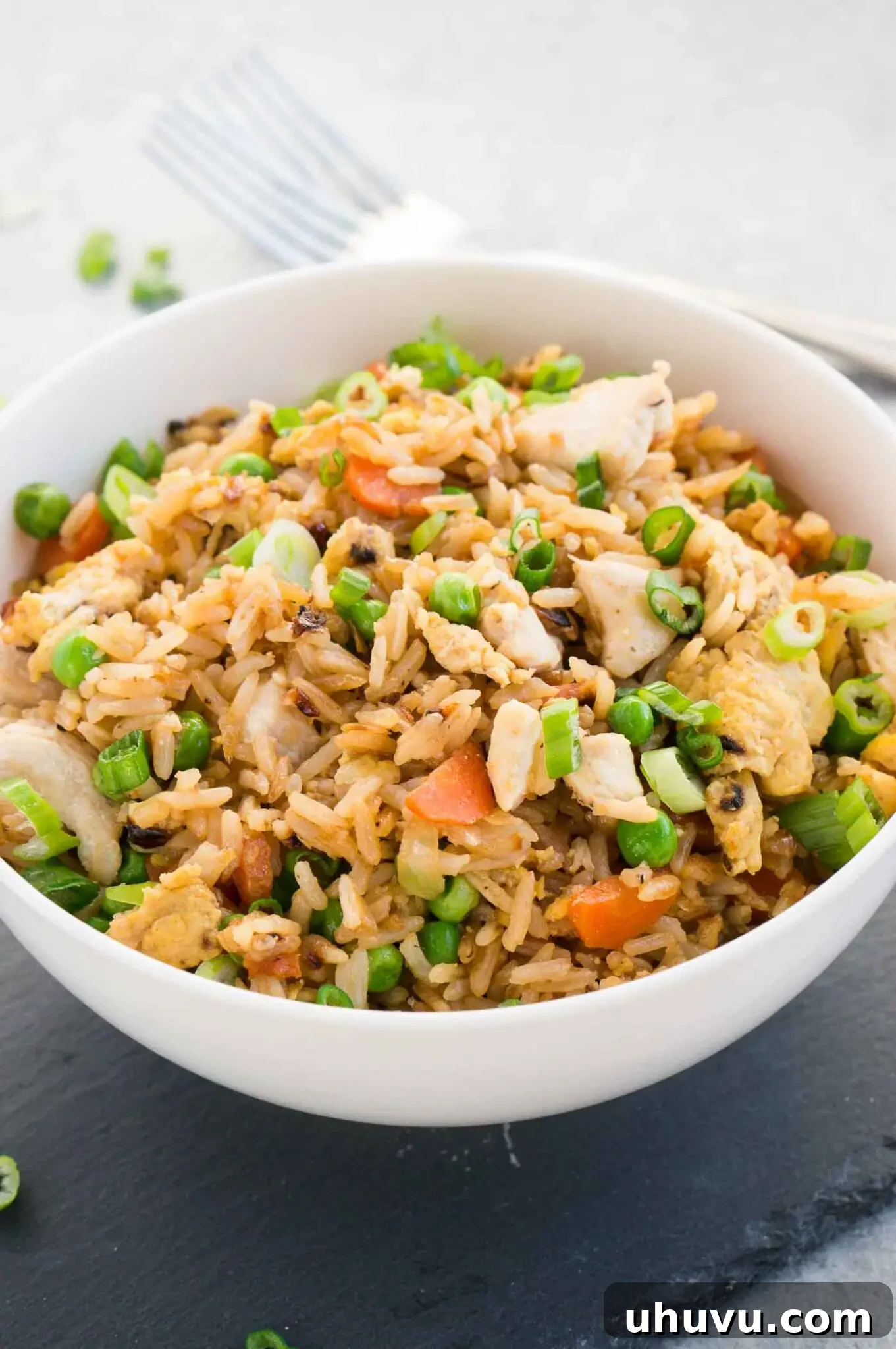 best chicken fried rice with green onions in a bowl