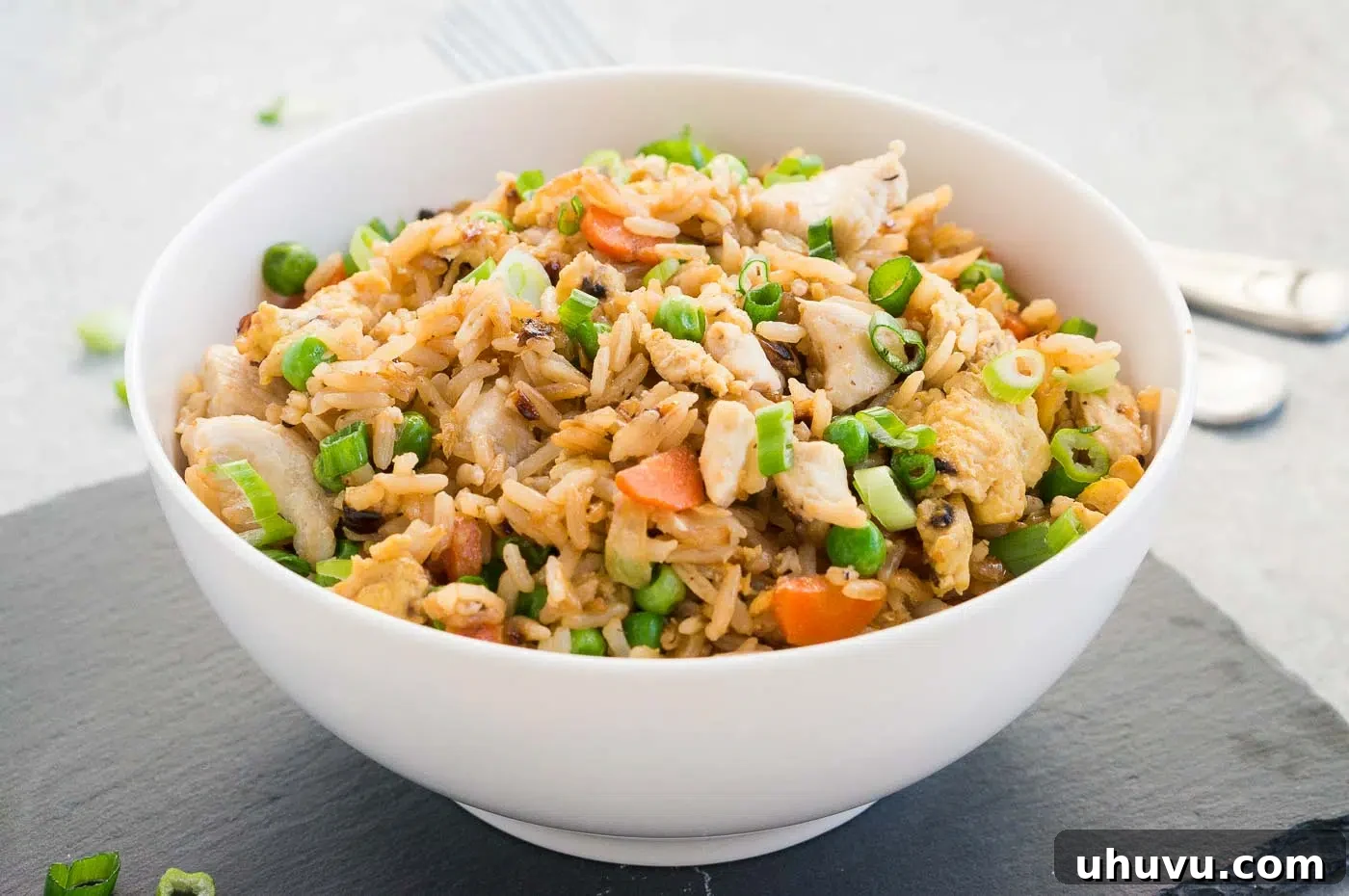 close up image of chicken fried rice in a bowl