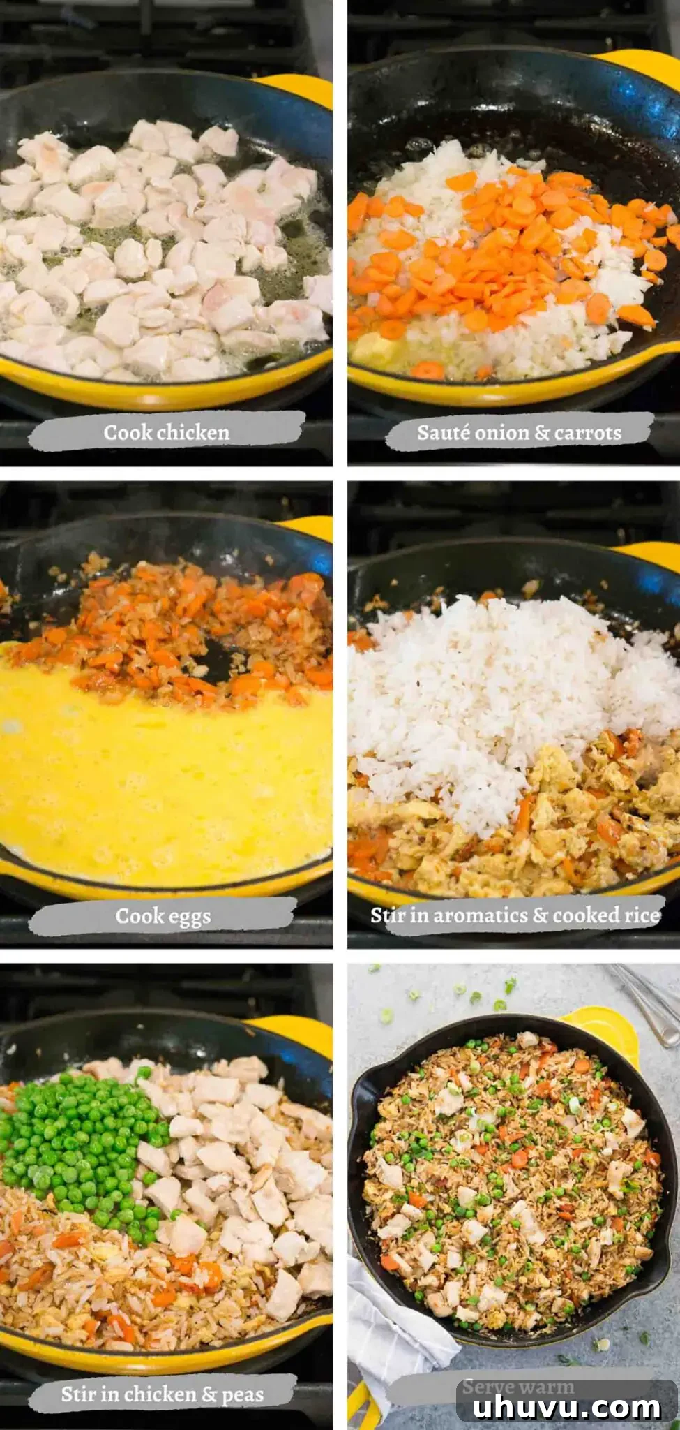 process images of making fried rice and chicken