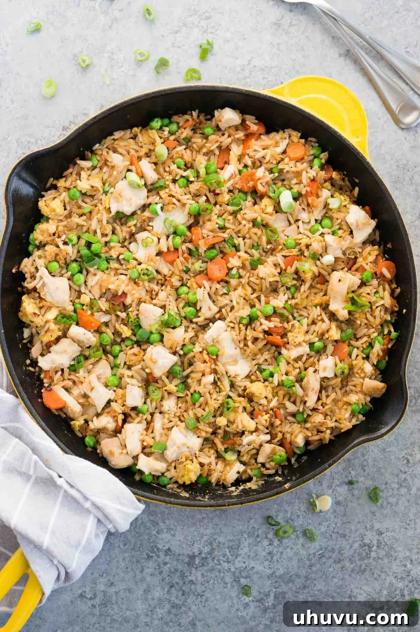 easy fried rice with egg and chicken in a skillet