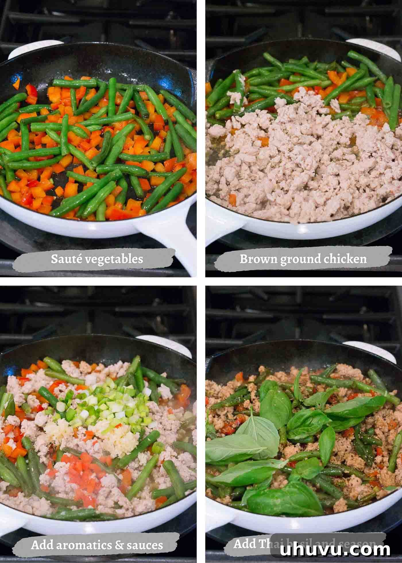 Progress images showing the stages of making Thai Basil Chicken stir-fry in a wok.