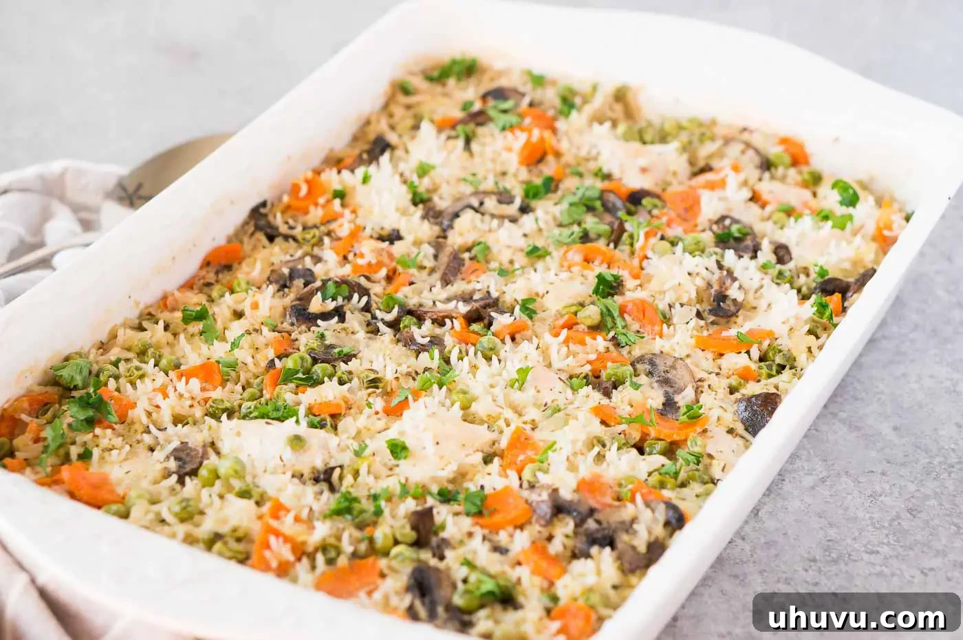 Easy chicken and rice casserole served in a dish