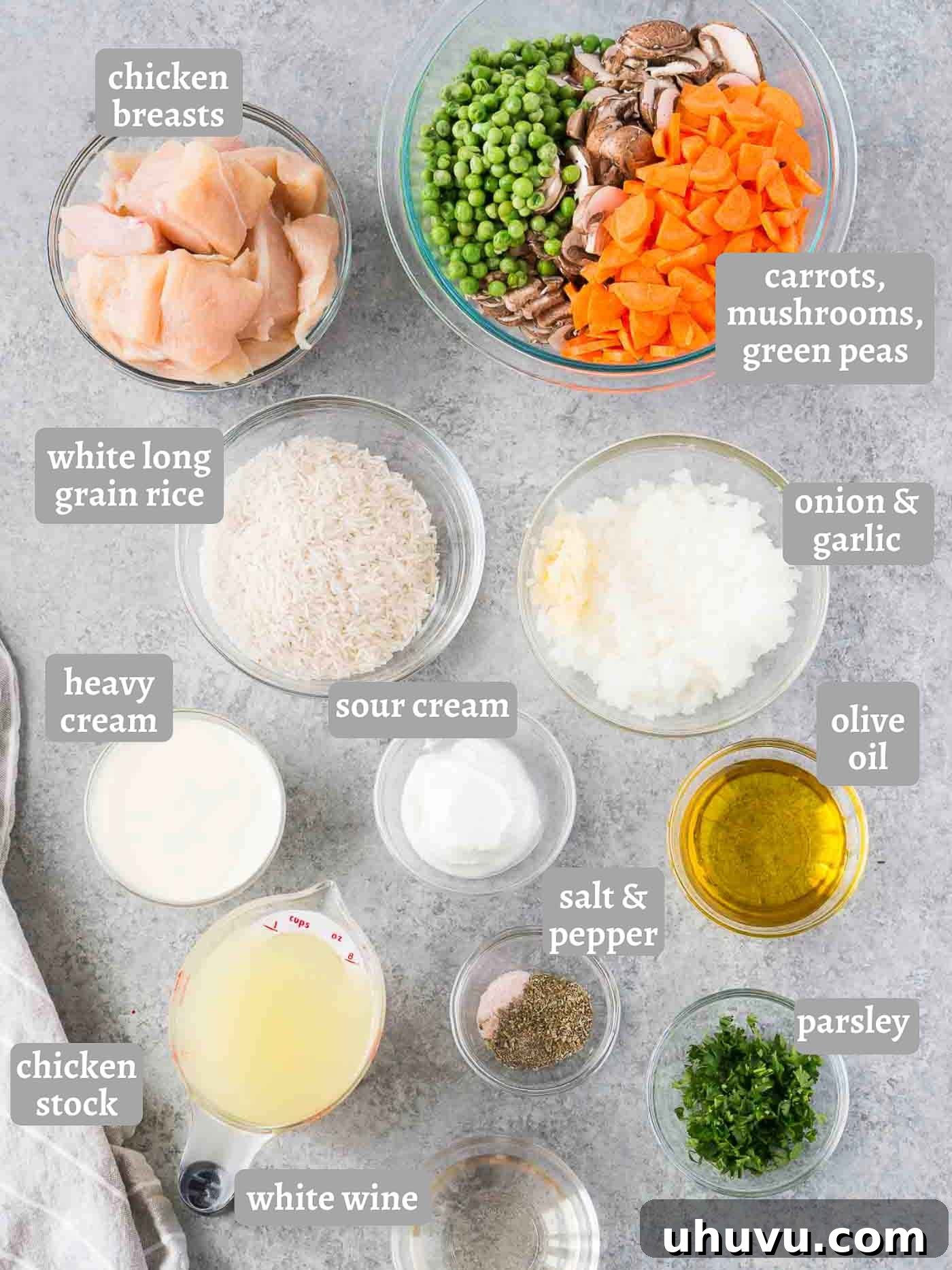 Comforting Chicken and Rice Bake 4 chicken and rice casserole ingredients laid out