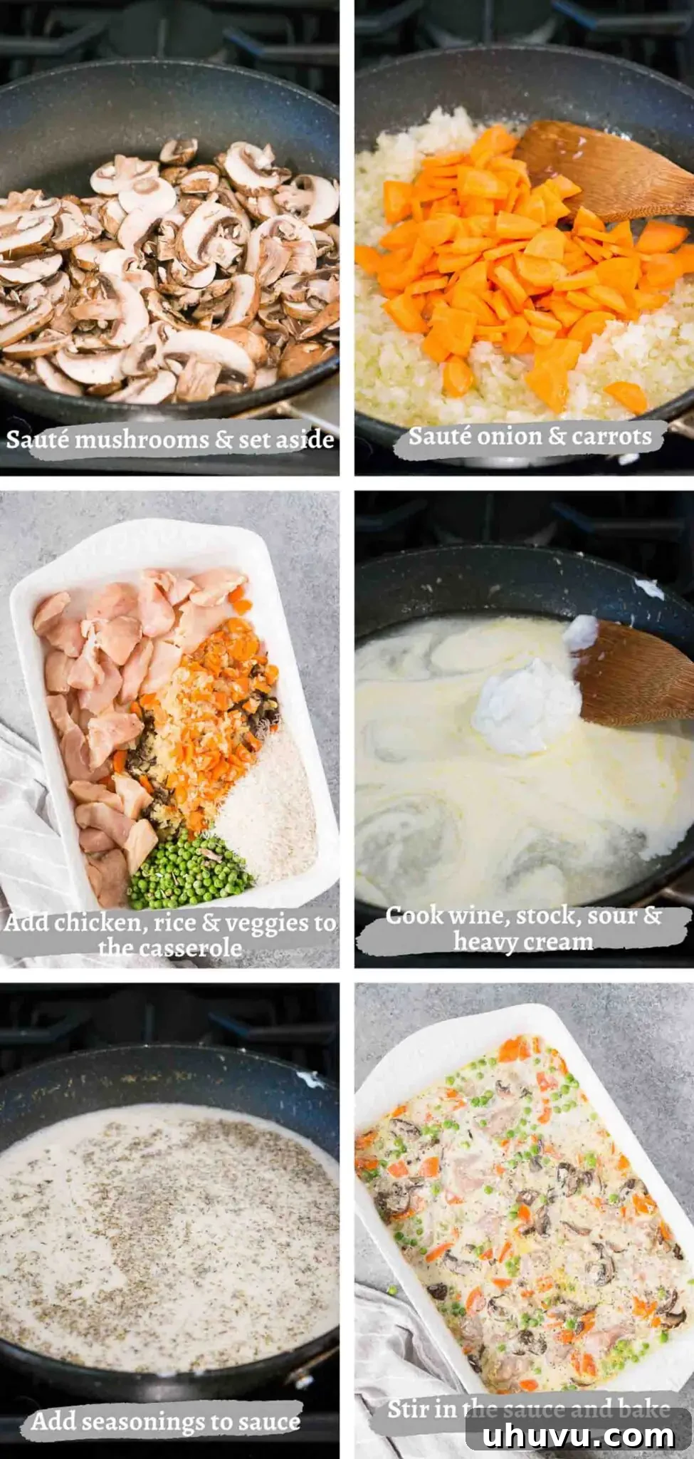 Process images of making healthy chicken and rice casserole from scratch