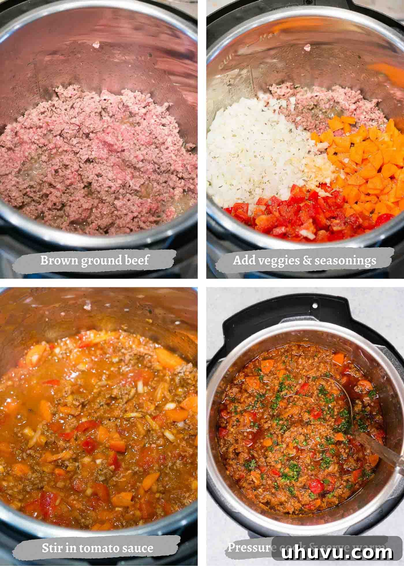Ultimate Instant Pot Bolognese 5 A visual guide showing the progression of making Instant Pot Bolognese sauce, from browning meat and sautéing vegetables to the finished rich sauce.