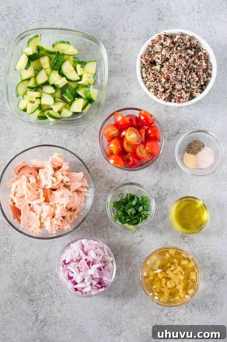 raw ingredients for quinoa salad with salmon laid out