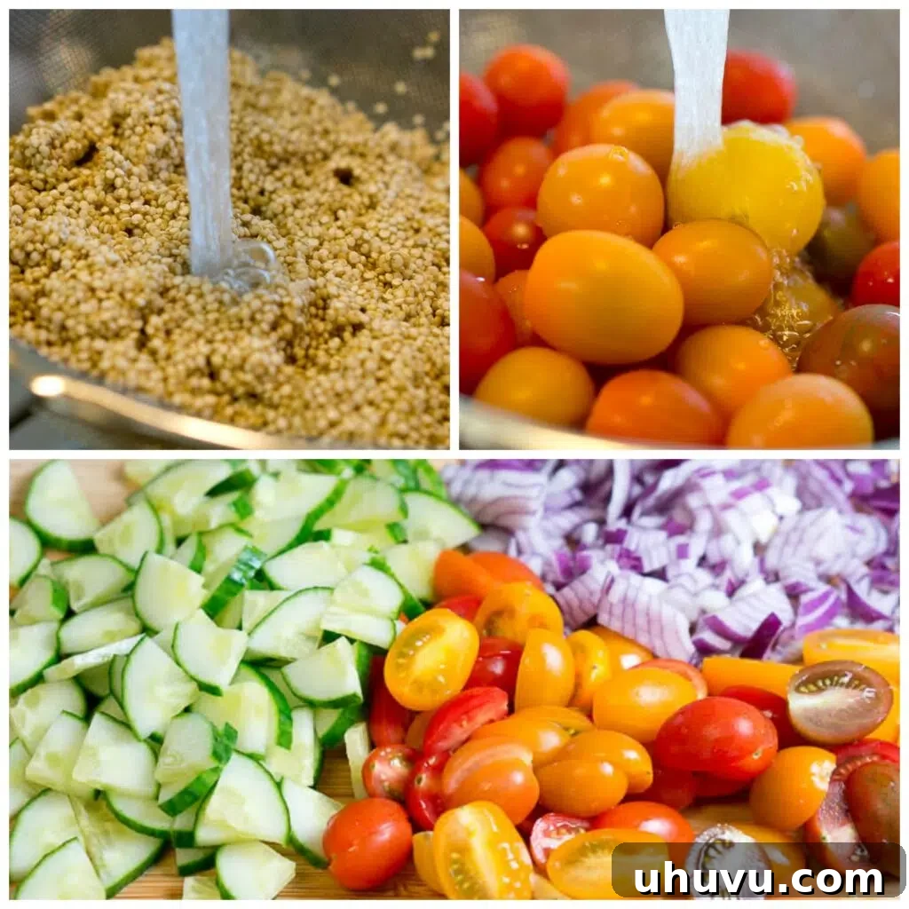 process photos showing salmon and quinoa salad preparation