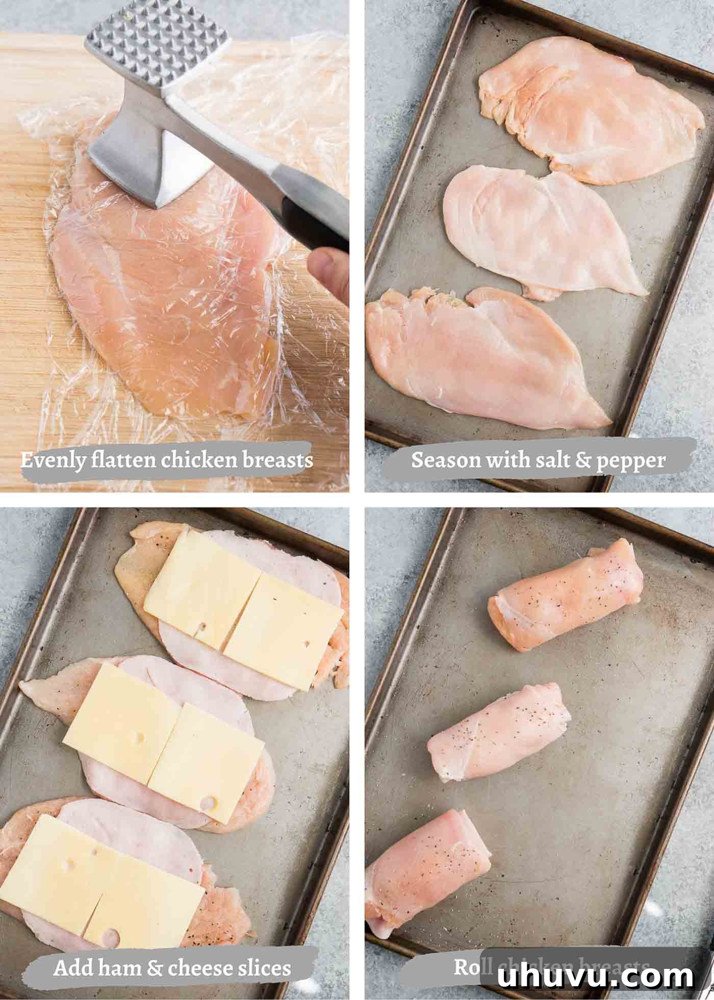 Process images showing chicken cordon bleu being prepared for baking in the oven