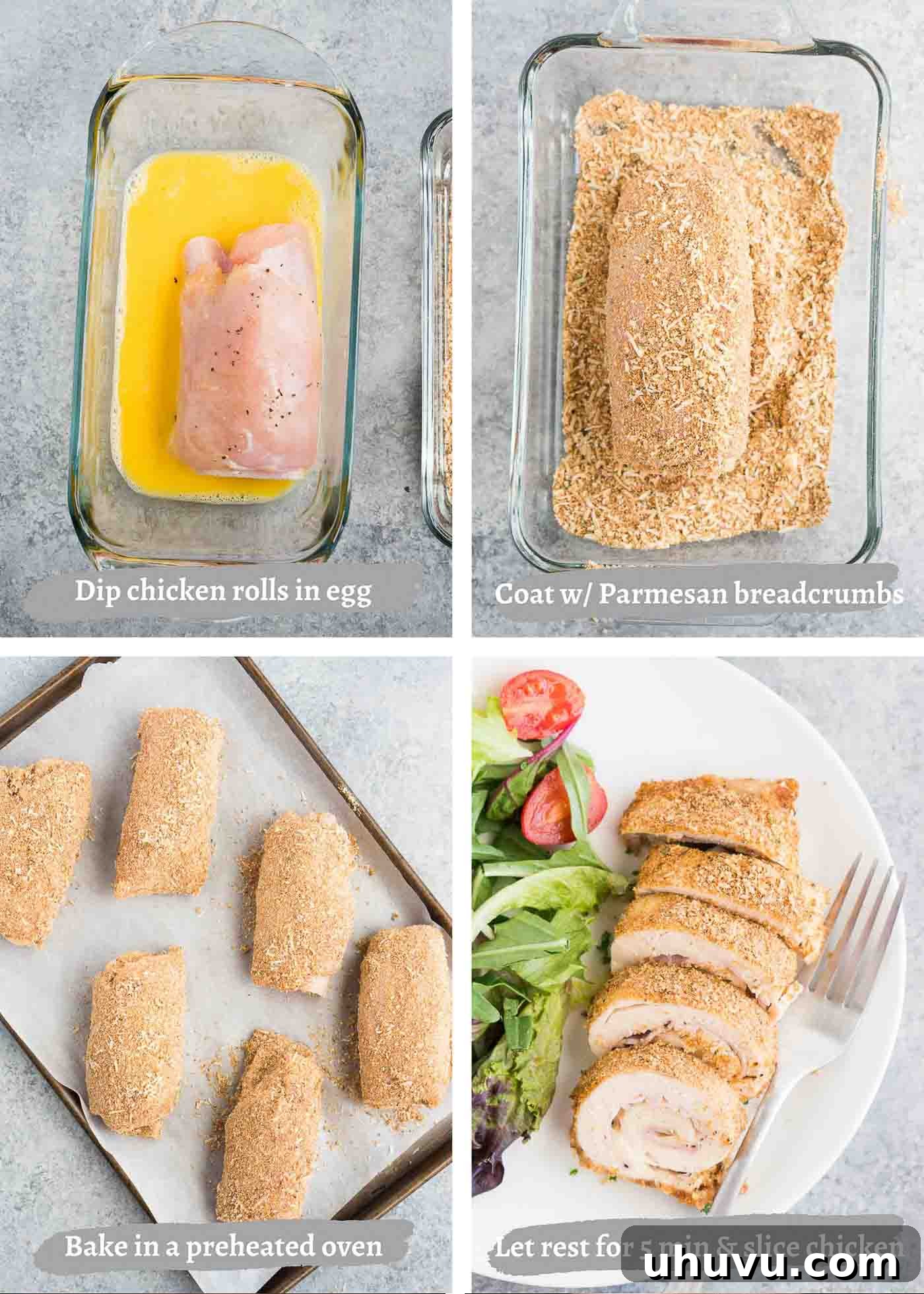 More process images demonstrating the steps of making chicken cordon bleu in the oven