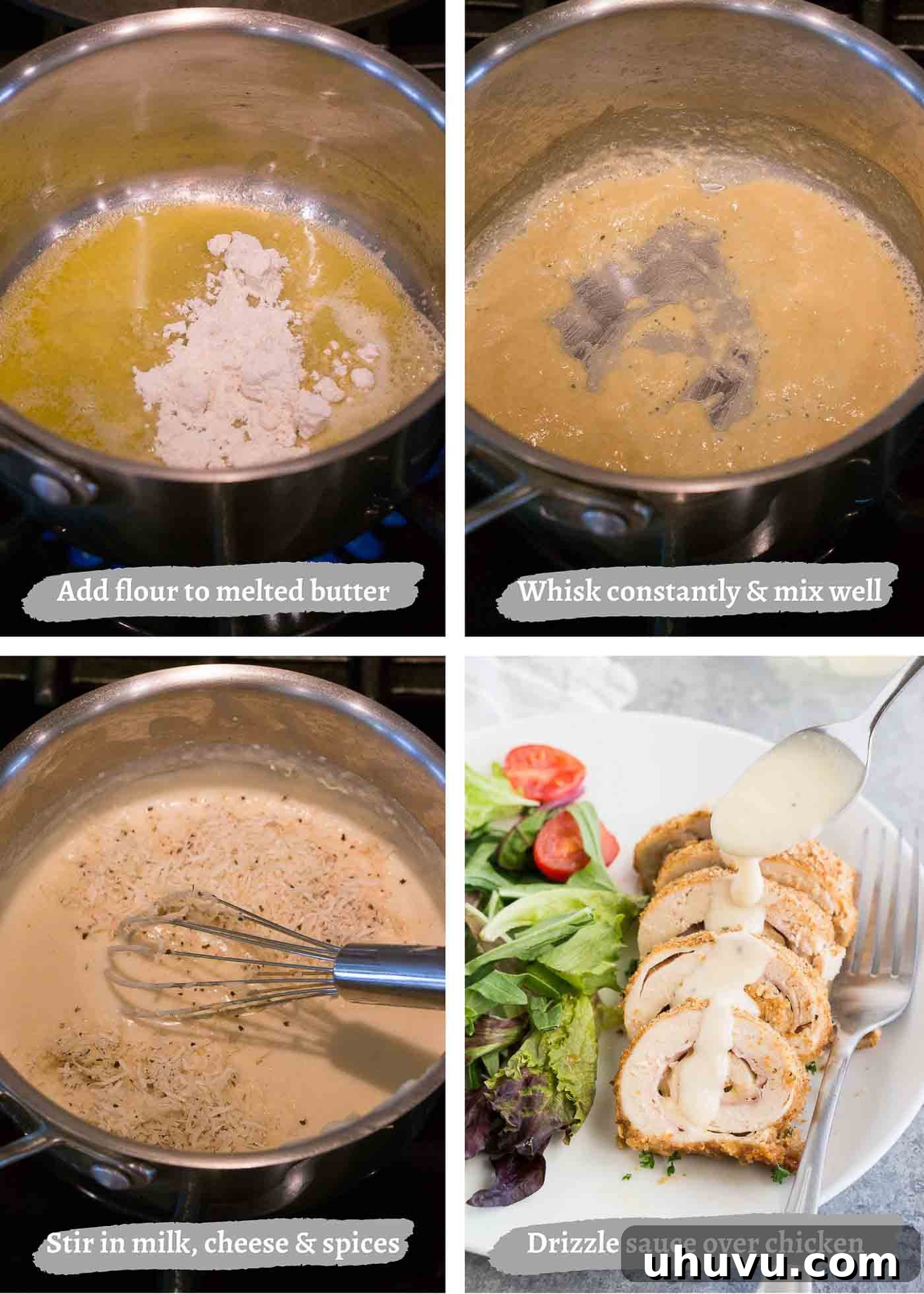 Process images showing the preparation of the creamy Dijon sauce