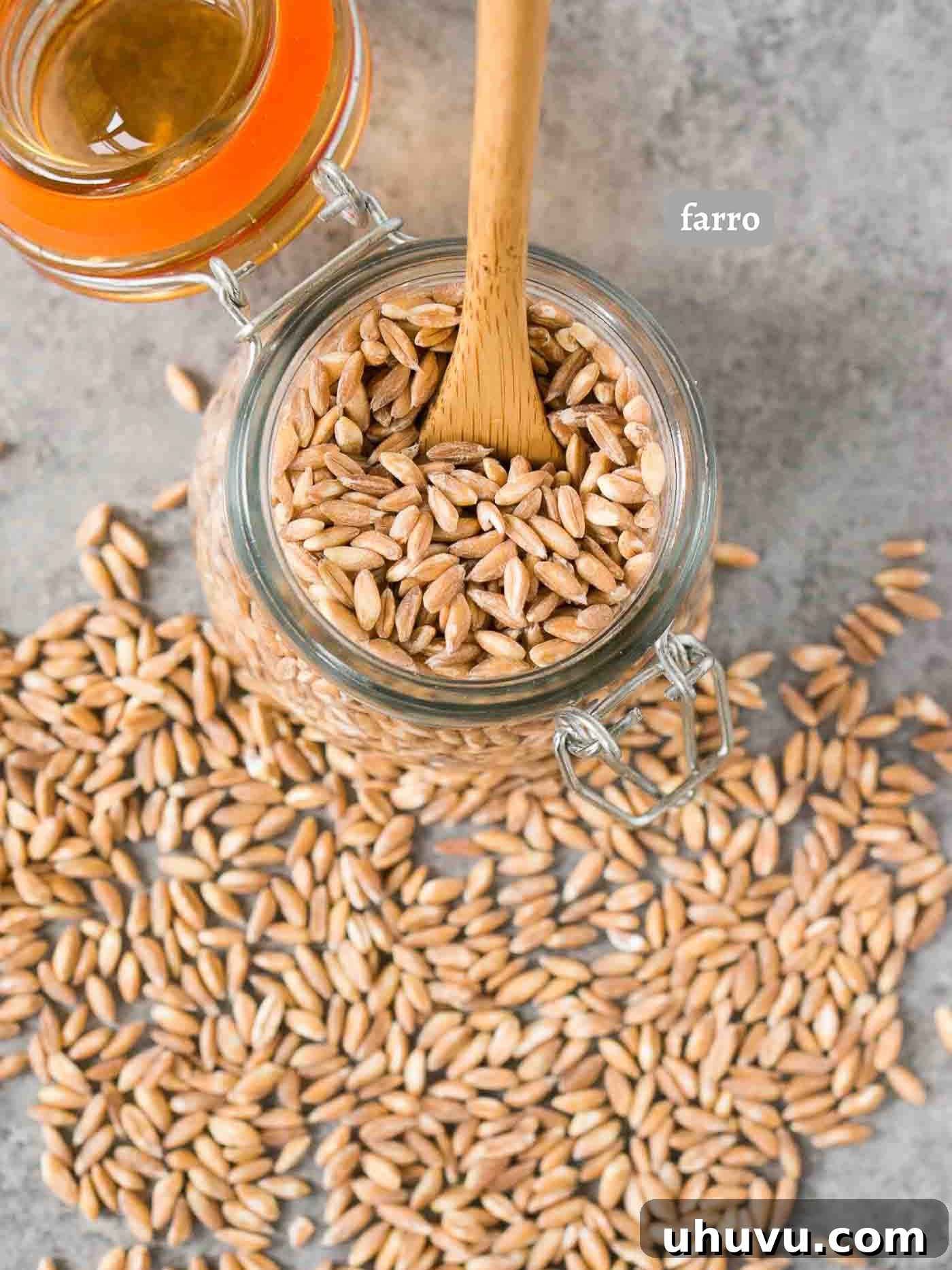 Dry farro grains displayed in a glass jar, ready for cooking