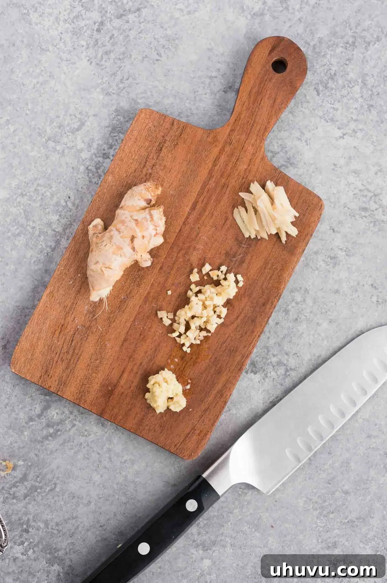 chopped and minced ginger on a board