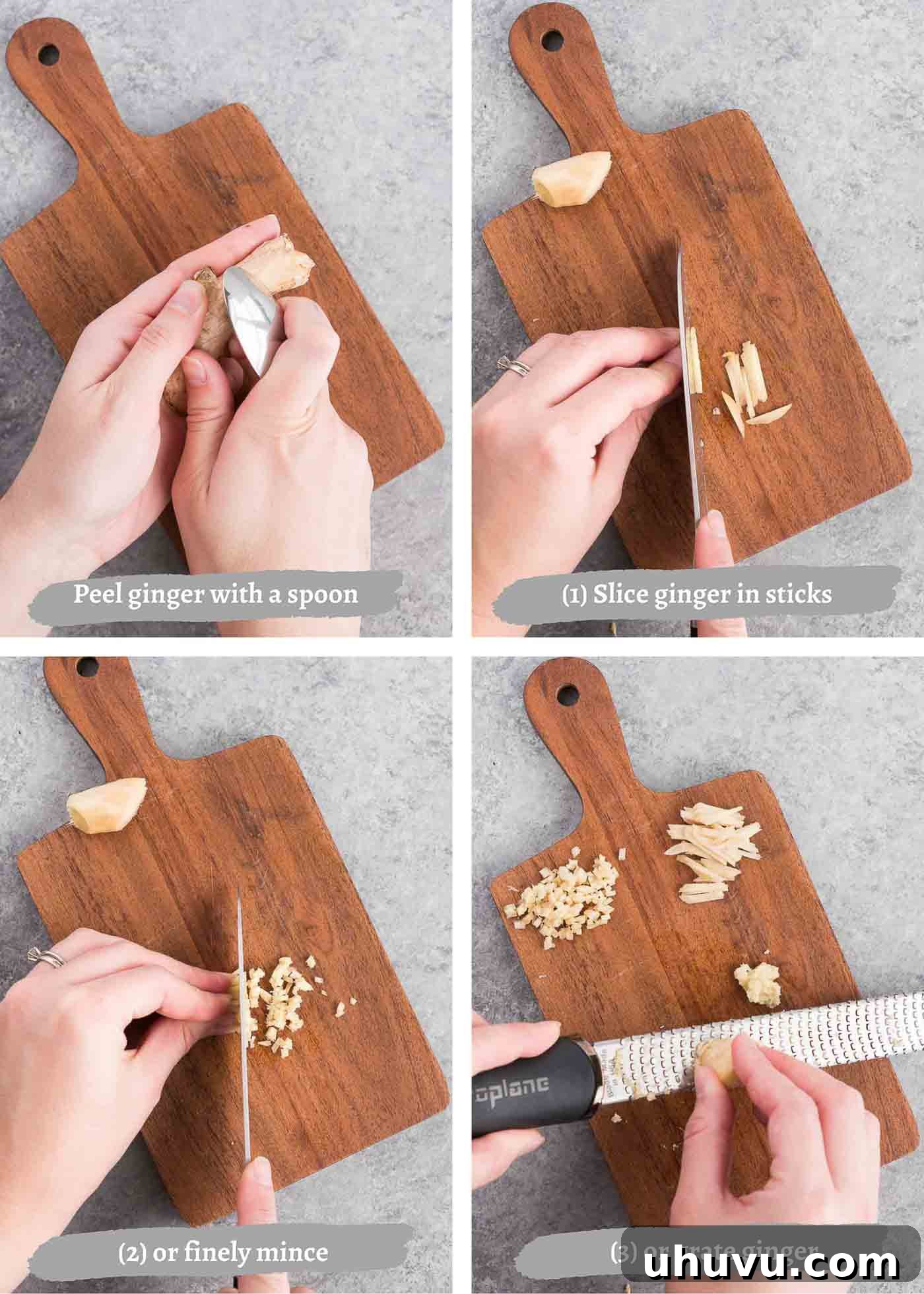 Mincing Ginger Like a Pro 4 process images of slicing, chopping and mincing ginger