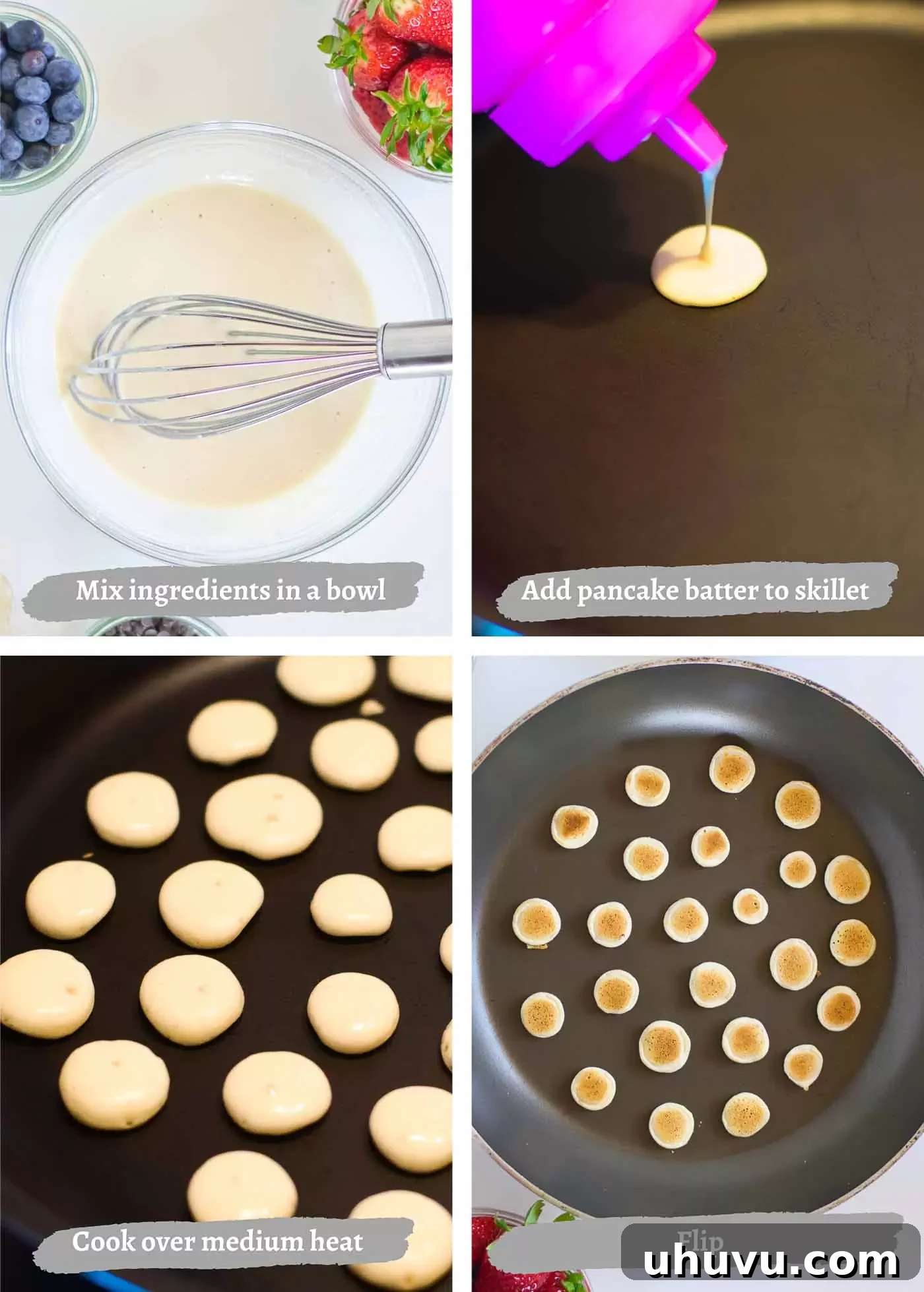 Close-up of mini pancakes cooking in a skillet.