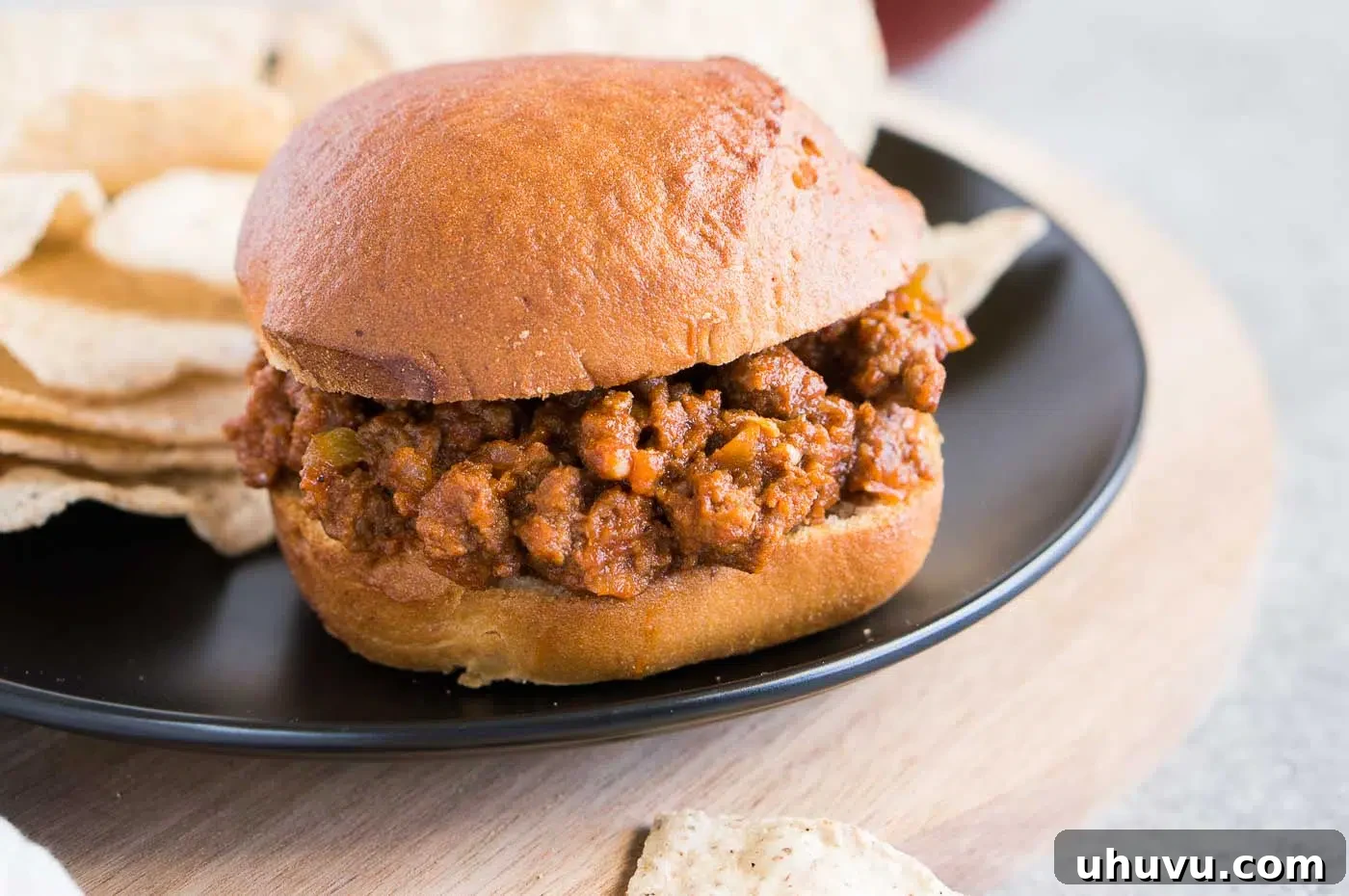 Close up image of a plate with a homemade sloppy joe sandwich and golden french fries