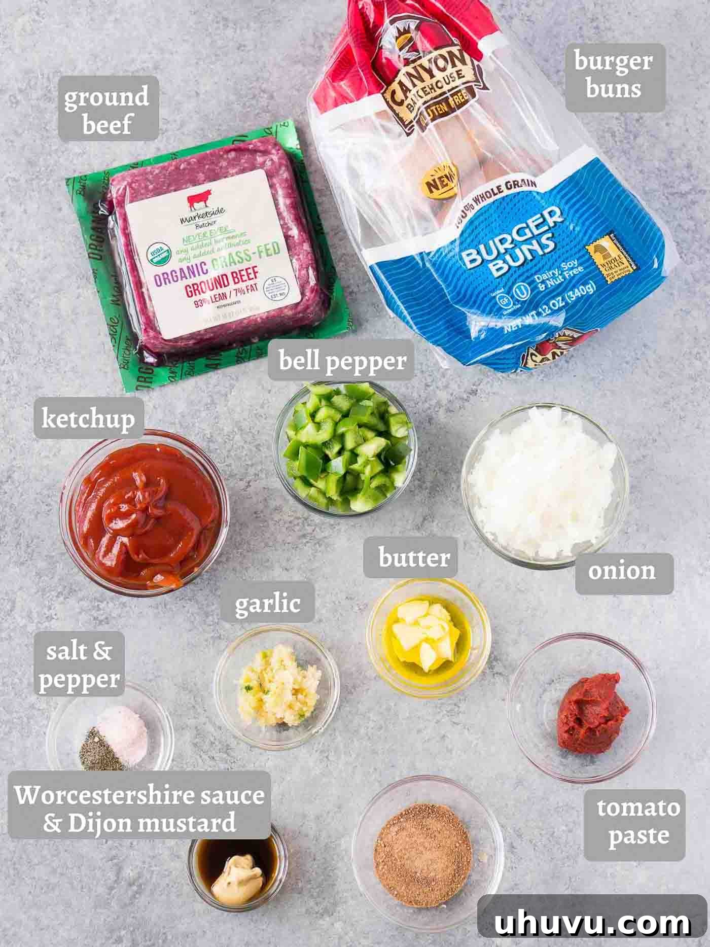 The Ultimate Messy Comfort Sandwich 4 Ingredients laid out for homemade sloppy joes, including ground beef, bell peppers, onions, ketchup, mustard, and various spices