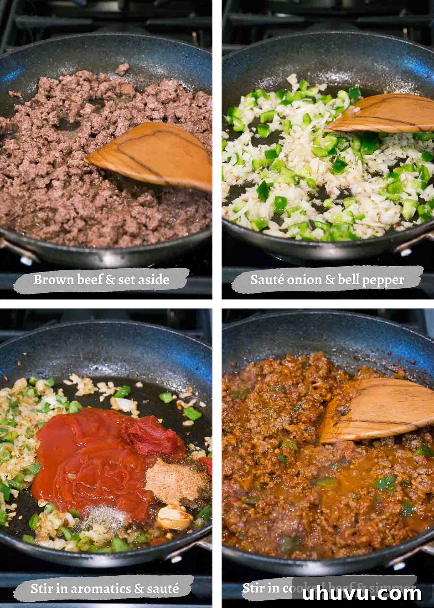 The Ultimate Messy Comfort Sandwich 5 Four process images demonstrating the making of sloppy joes: browning ground beef, sautéing vegetables, adding sauce ingredients, and simmering the final mixture.