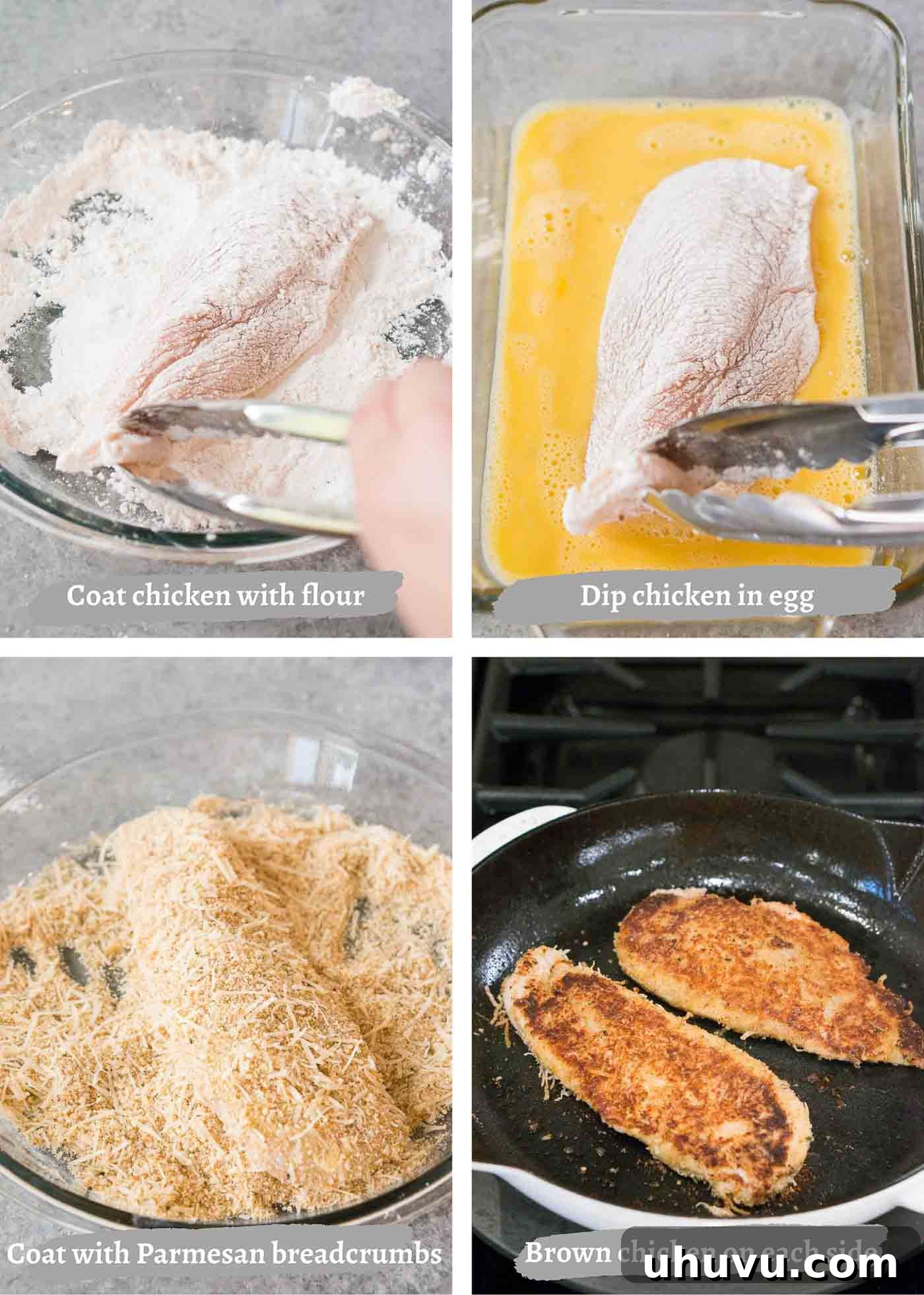 Golden Crispy Parmesan Chicken 5 process images of making homemade chicken parmesan