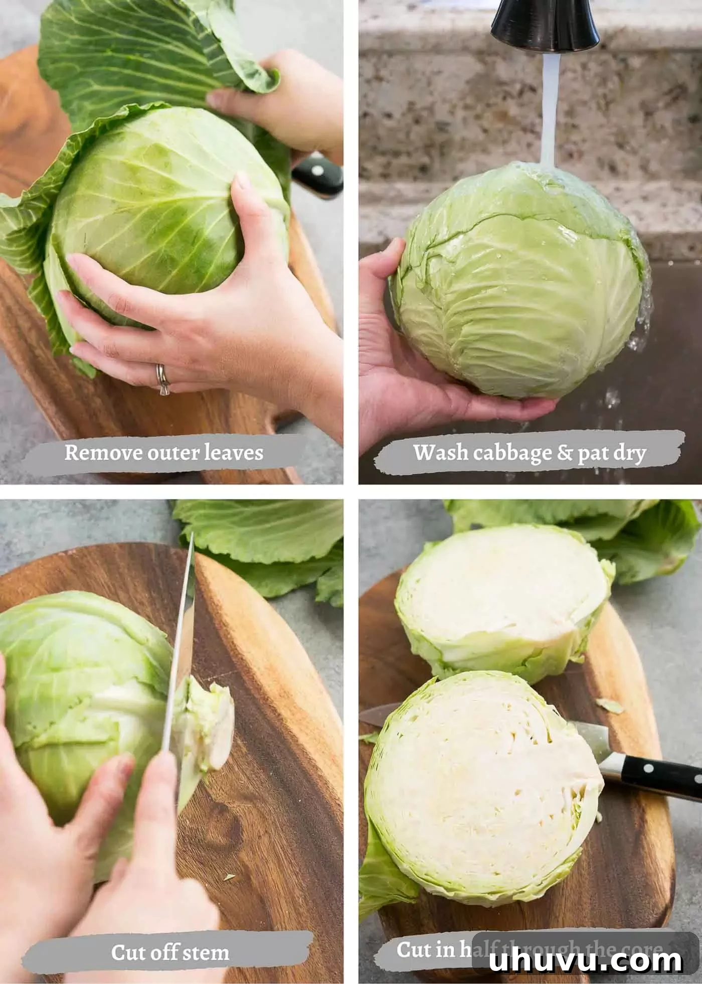 Visual steps demonstrating how to quarter and core a head of cabbage on a cutting board