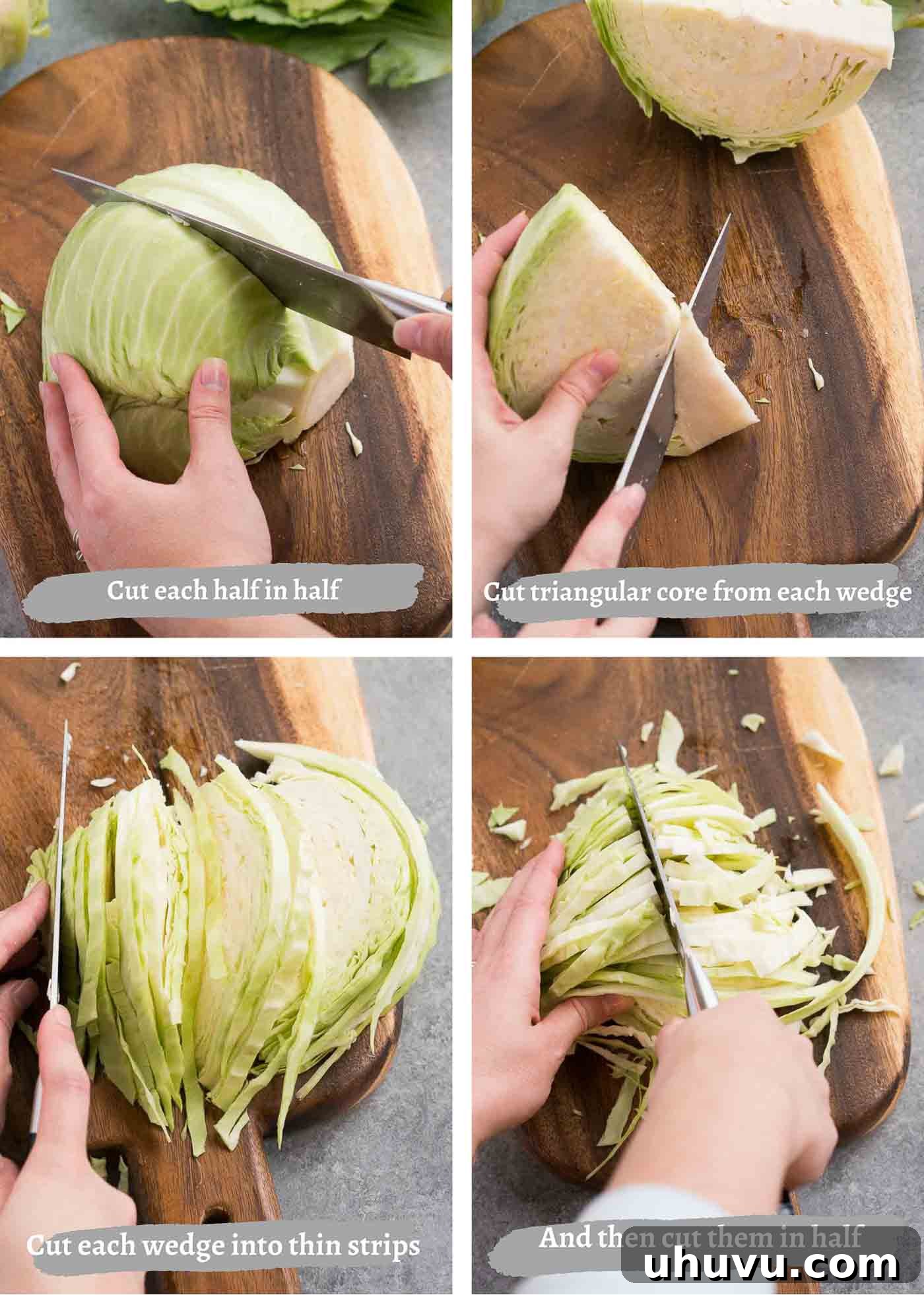 Mastering Cabbage Slicing 5 Further process images showing the technique for slicing cabbage into strips