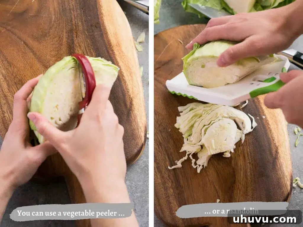 An alternative method demonstrating cutting a head of cabbage using a mandolin slicer