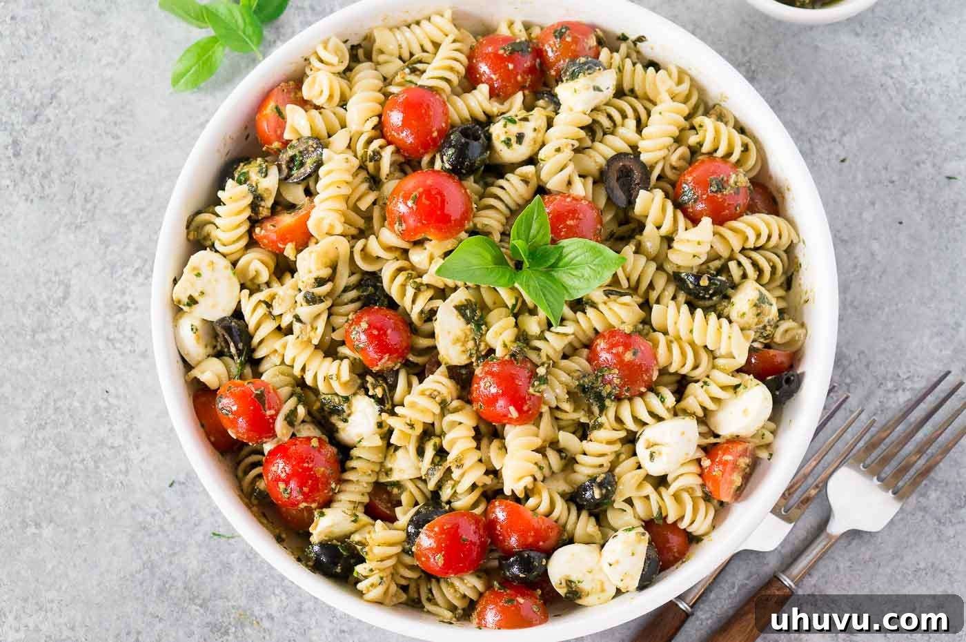 Vibrant Pesto Pasta Salad 3 close up images of pasta salad with pesto in a white bowl