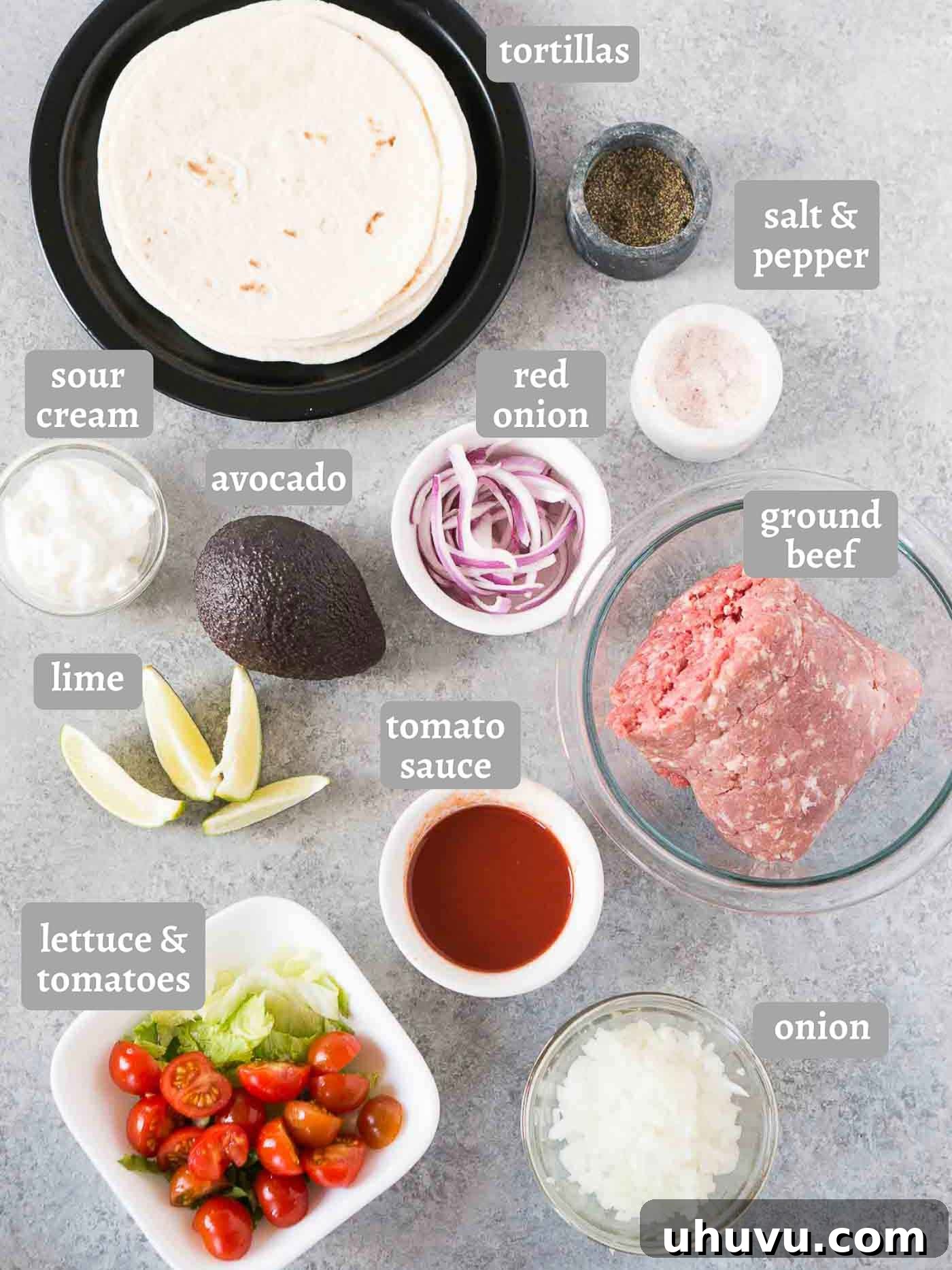 Taco Fiesta 4 All the fresh ingredients laid out for making delicious ground beef tacos from scratch.