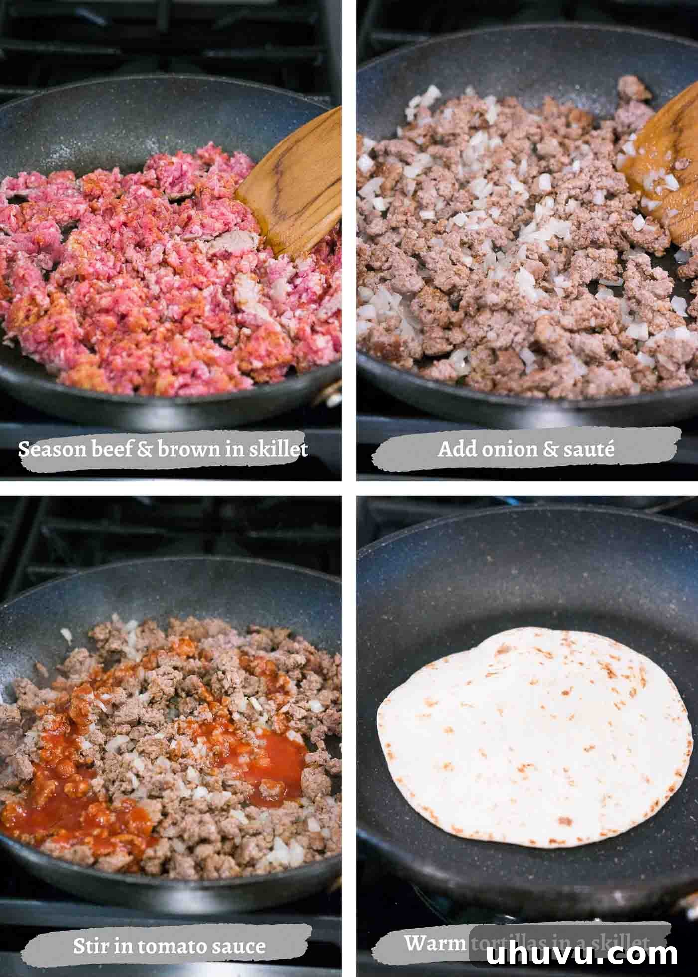 Taco Fiesta 5 A visual step-by-step guide illustrating the cooking process of making delicious ground beef tacos.