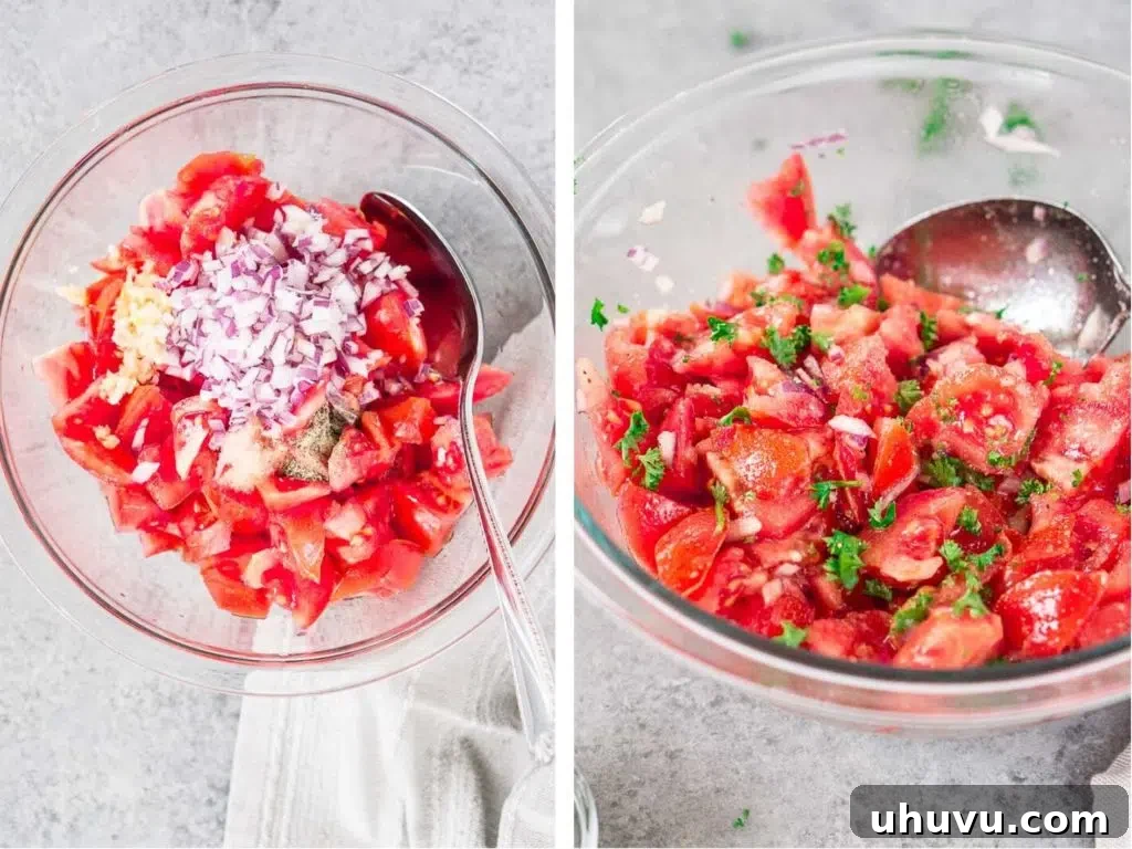 Collage showing steps for making tomato salad: dicing, mixing, garnishing