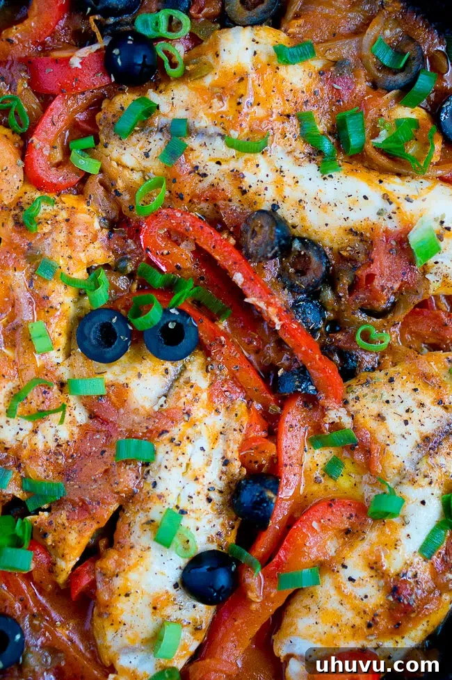 Close-up of One-Skillet Tilapia Veracruz, ready to be served