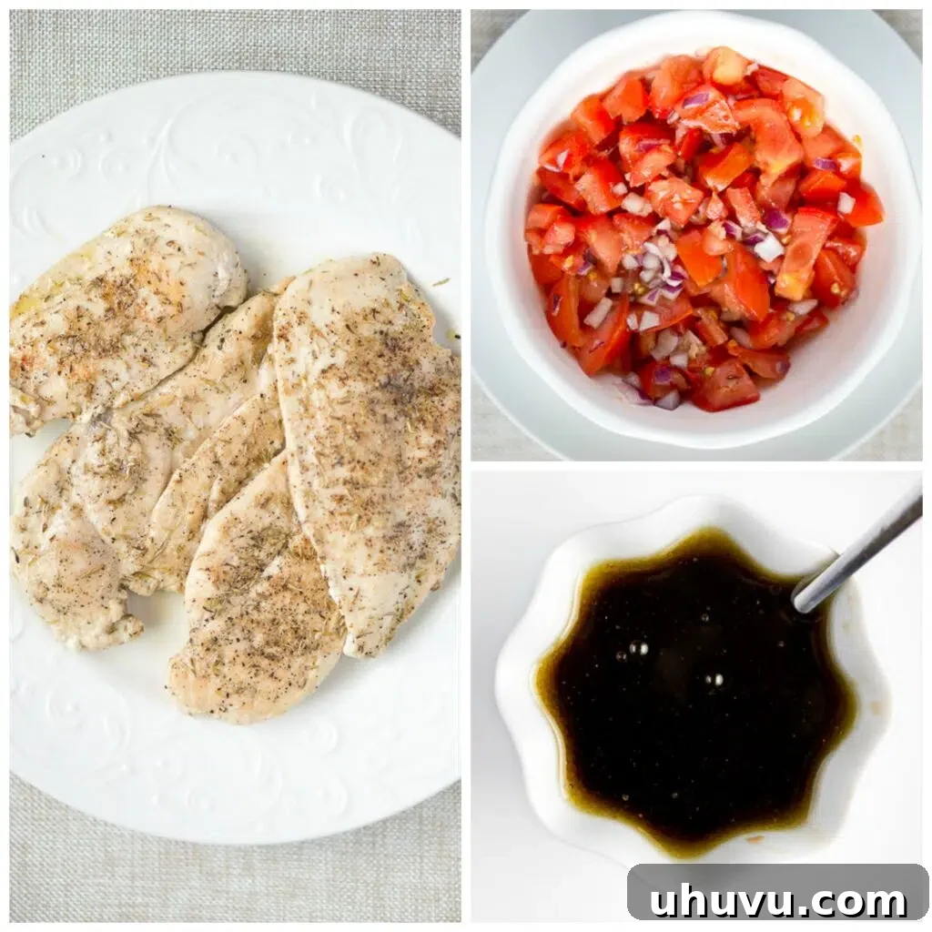 Close-up of a grilled chicken breast topped with melted mozzarella and tomato relish