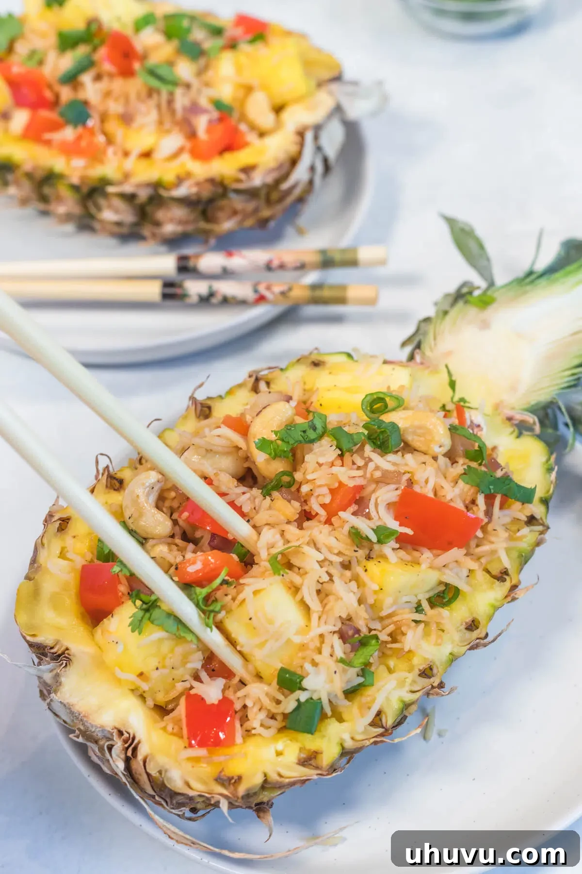 Pineapple Paradise Rice 6 close up image of pineapple fried rice serve in half pineapple