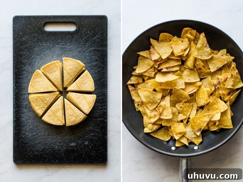Emerald Chilaquiles 4 Corn tortilla wedges lightly frying in a skillet for chilaquiles verdes.
