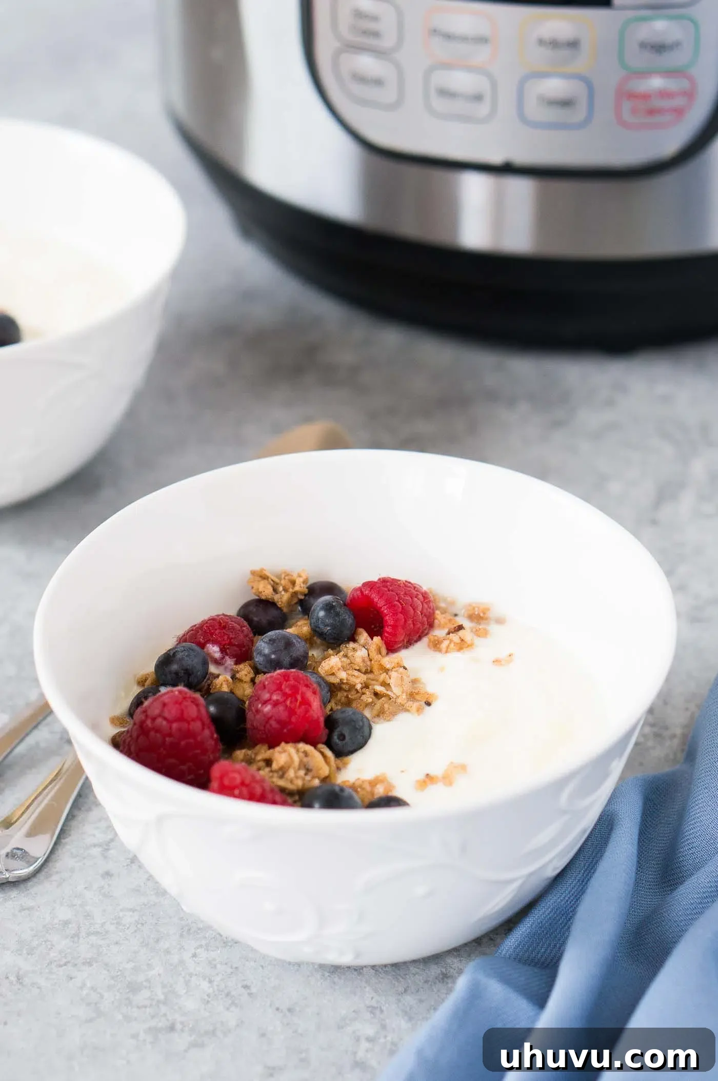 A beautifully set bowl of homemade Instant Pot yogurt, ready to be enjoyed.