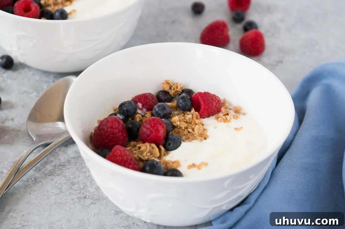 A bowl of thick, creamy homemade Instant Pot yogurt topped with fresh berries and granola for a delicious breakfast.