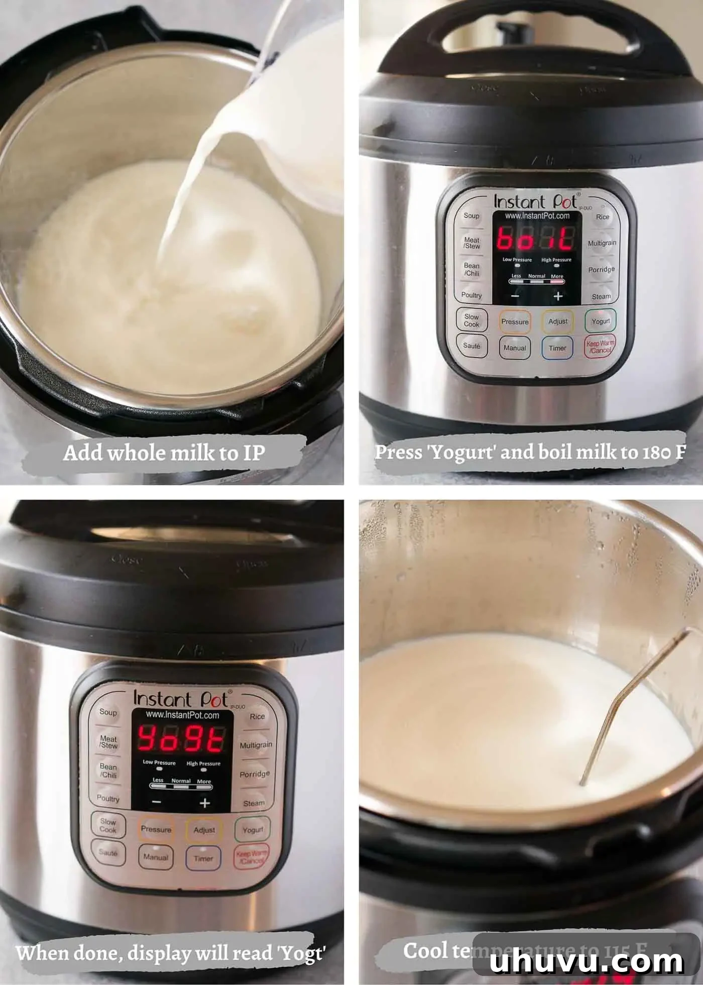 Step-by-step images demonstrating the process of making yogurt in the Instant Pot.