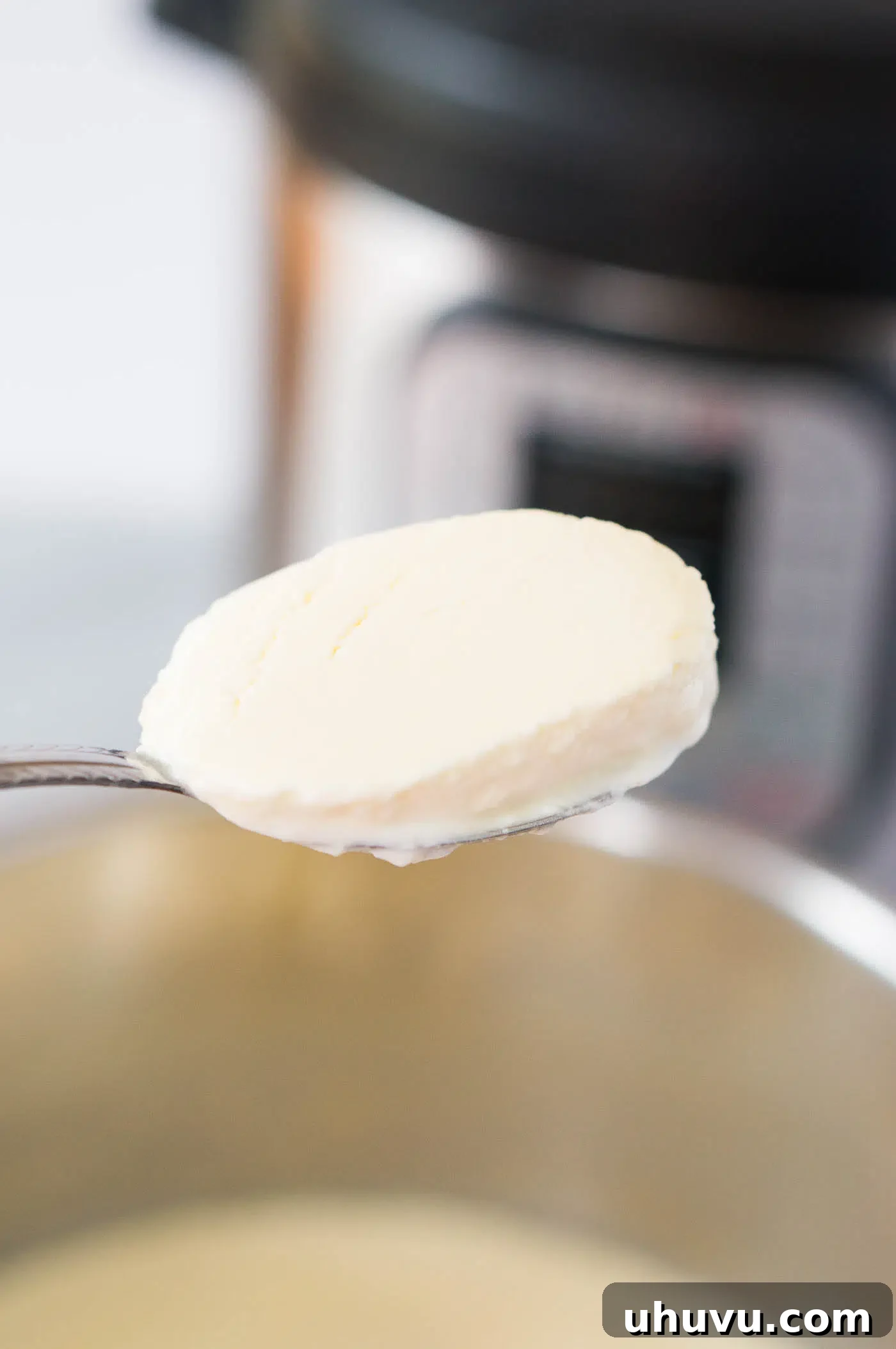 Scooping a spoonful of perfectly set homemade Instant Pot yogurt from the pot.