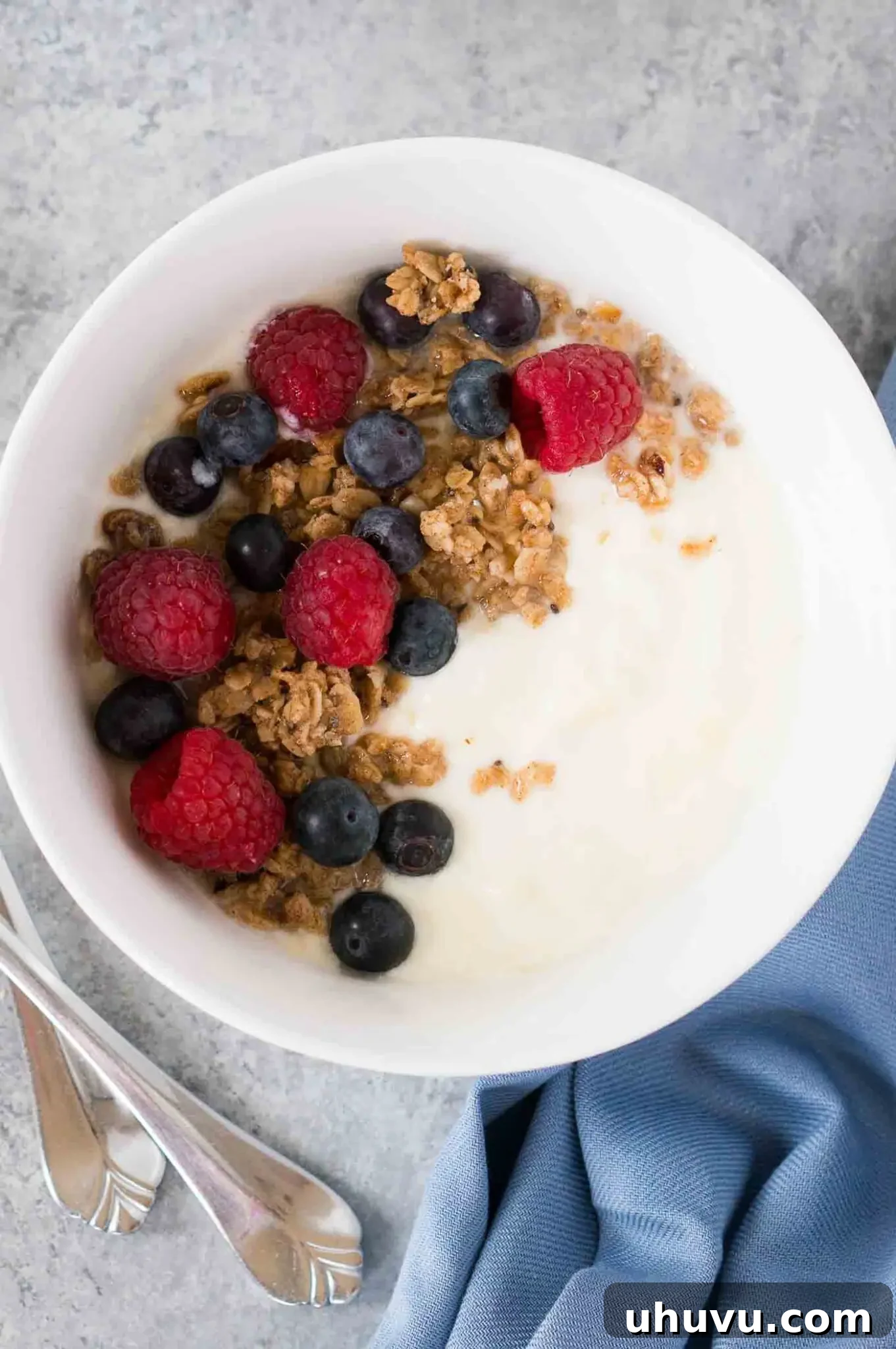 A close-up of pressure cooker yogurt topped with fresh berries and granola.