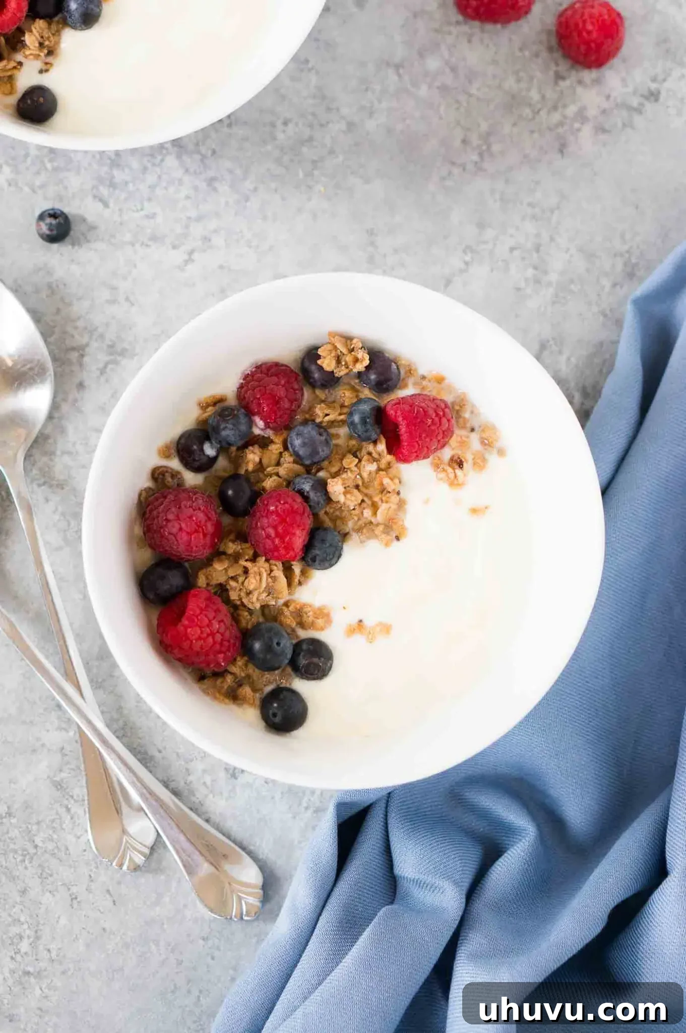 A vibrant bowl of homemade Instant Pot yogurt, garnished with crunchy granola and colorful fresh berries.