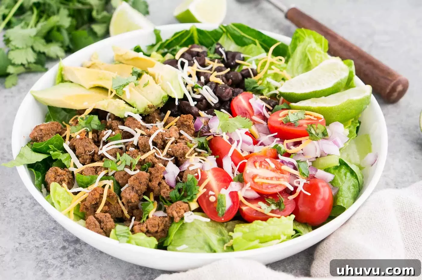 Close up image of delicious taco salad in a bowl, ready to eat