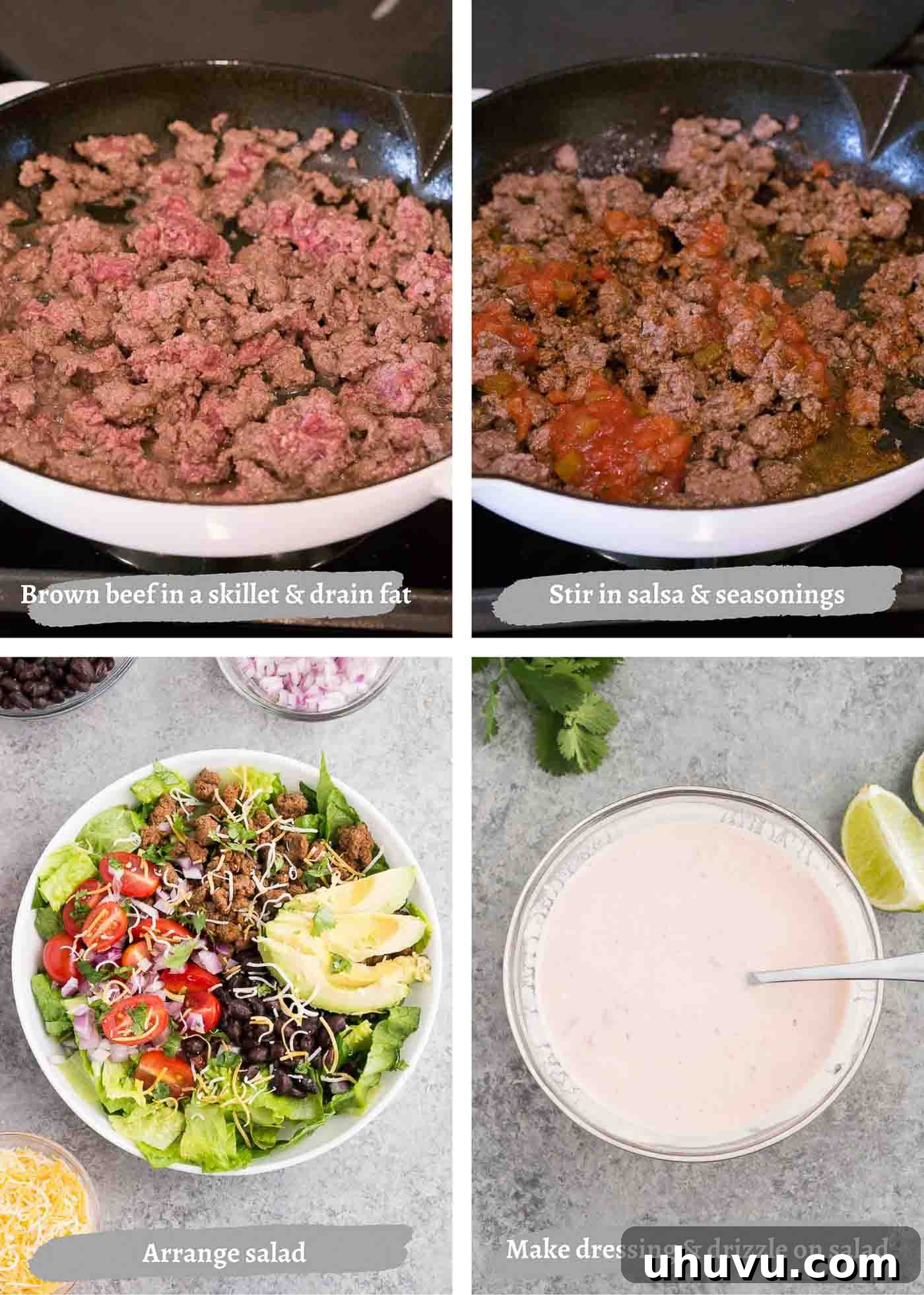 Process images of making taco salad and dressing step-by-step