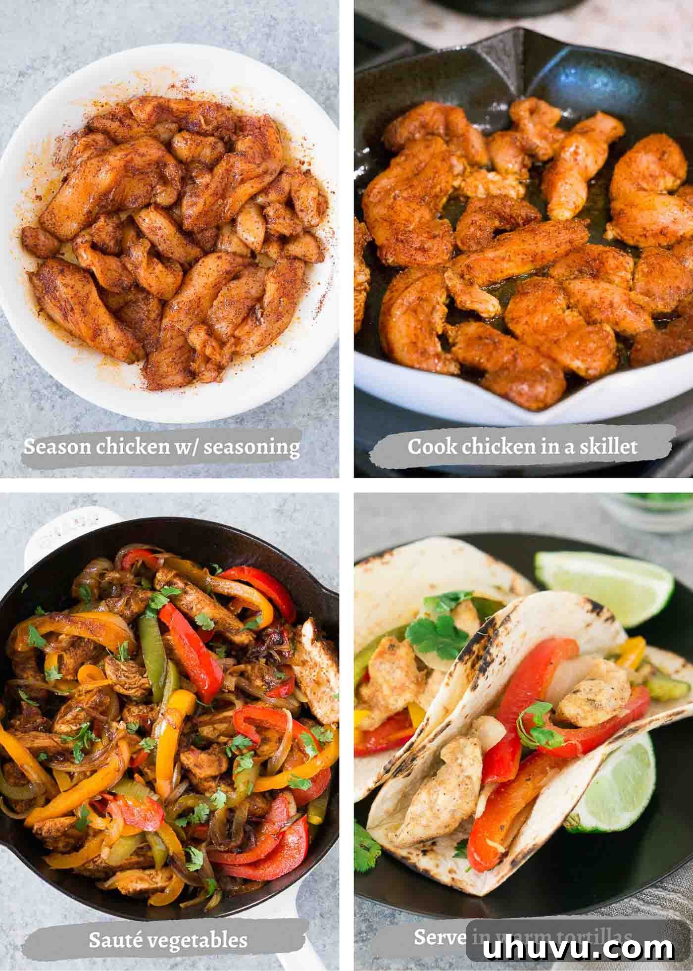 Sizzling Chicken Fajitas 5 process images of making chicken fajitas in a skillet