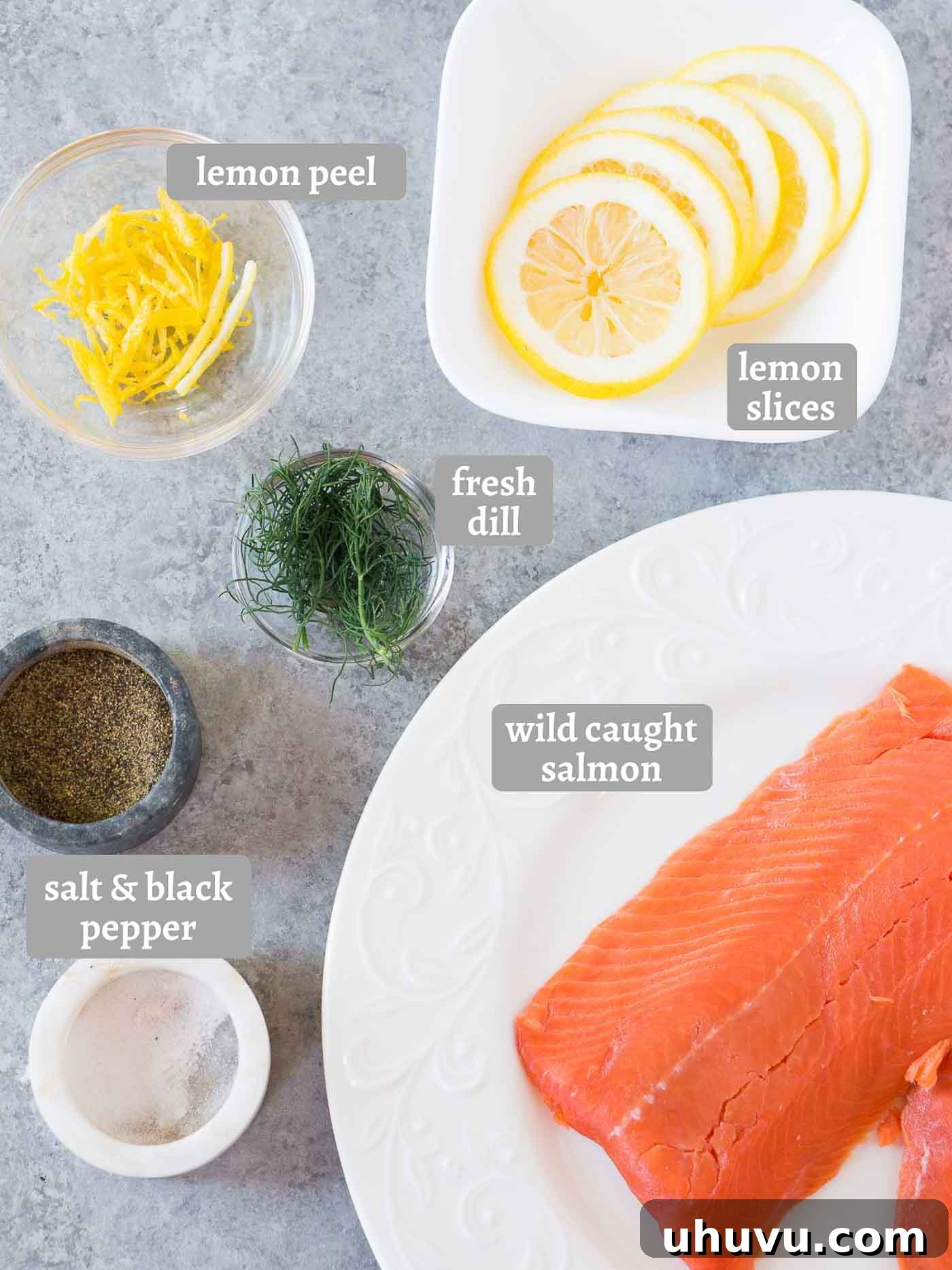 The Ultimate Sous Vide Salmon 4 A flat lay shot showcasing the fresh ingredients for sous vide salmon: salmon fillets, lemon slices, fresh dill, salt, and pepper.