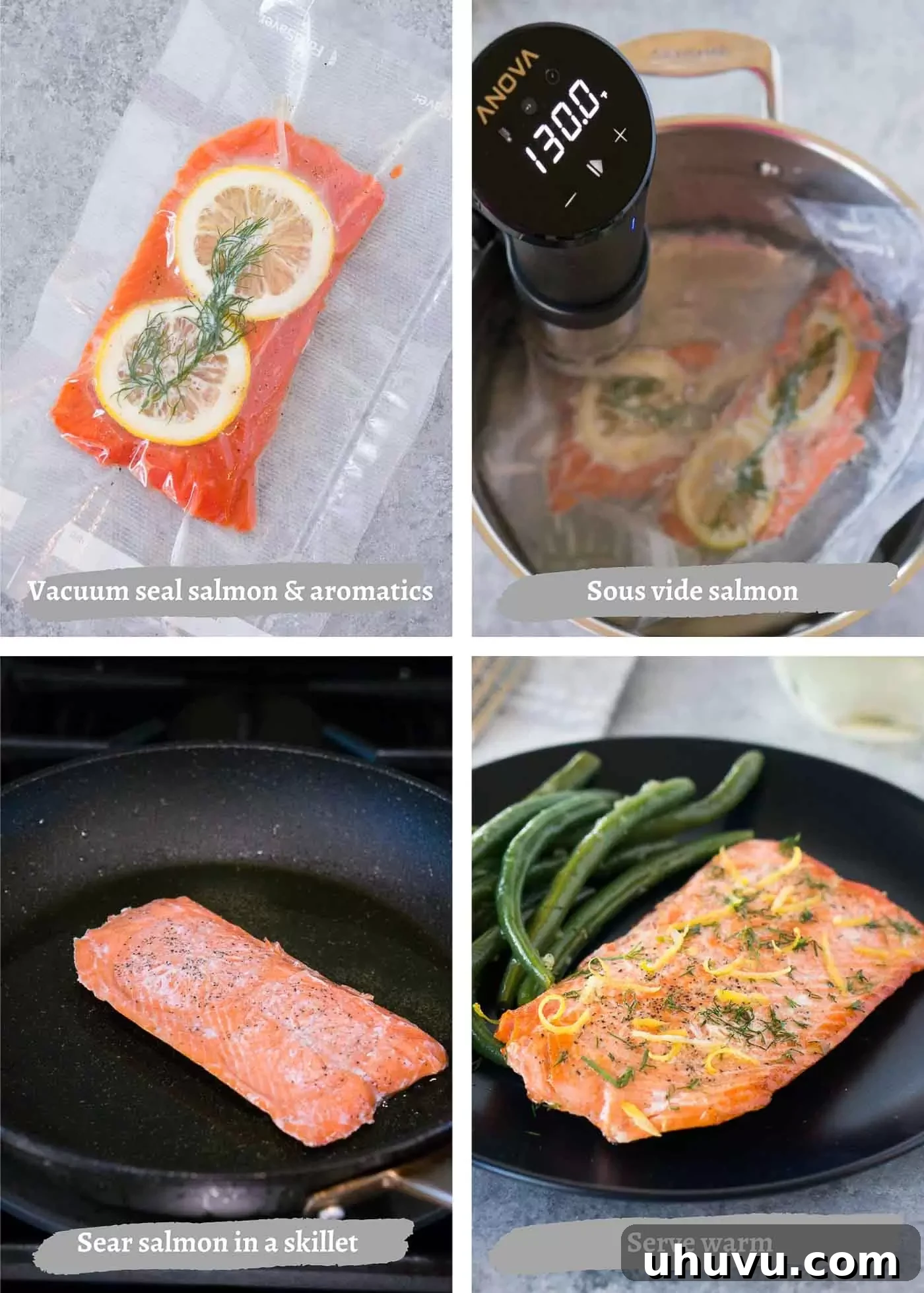 A collage of process steps showing sous vide salmon being seasoned, sealed, cooked in an immersion circulator, and then pan-seared.